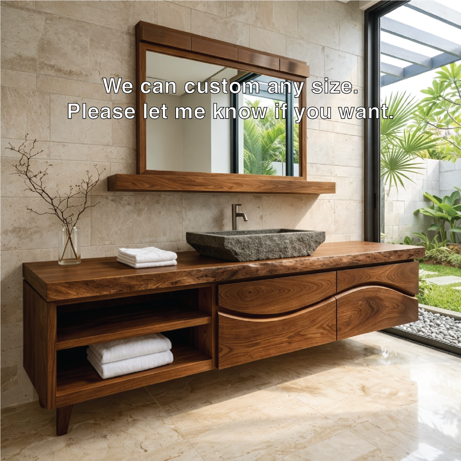 Handcrafted Solid-Wood Floating Bathroom Vanity with Stone Vessel Sink and Mirror