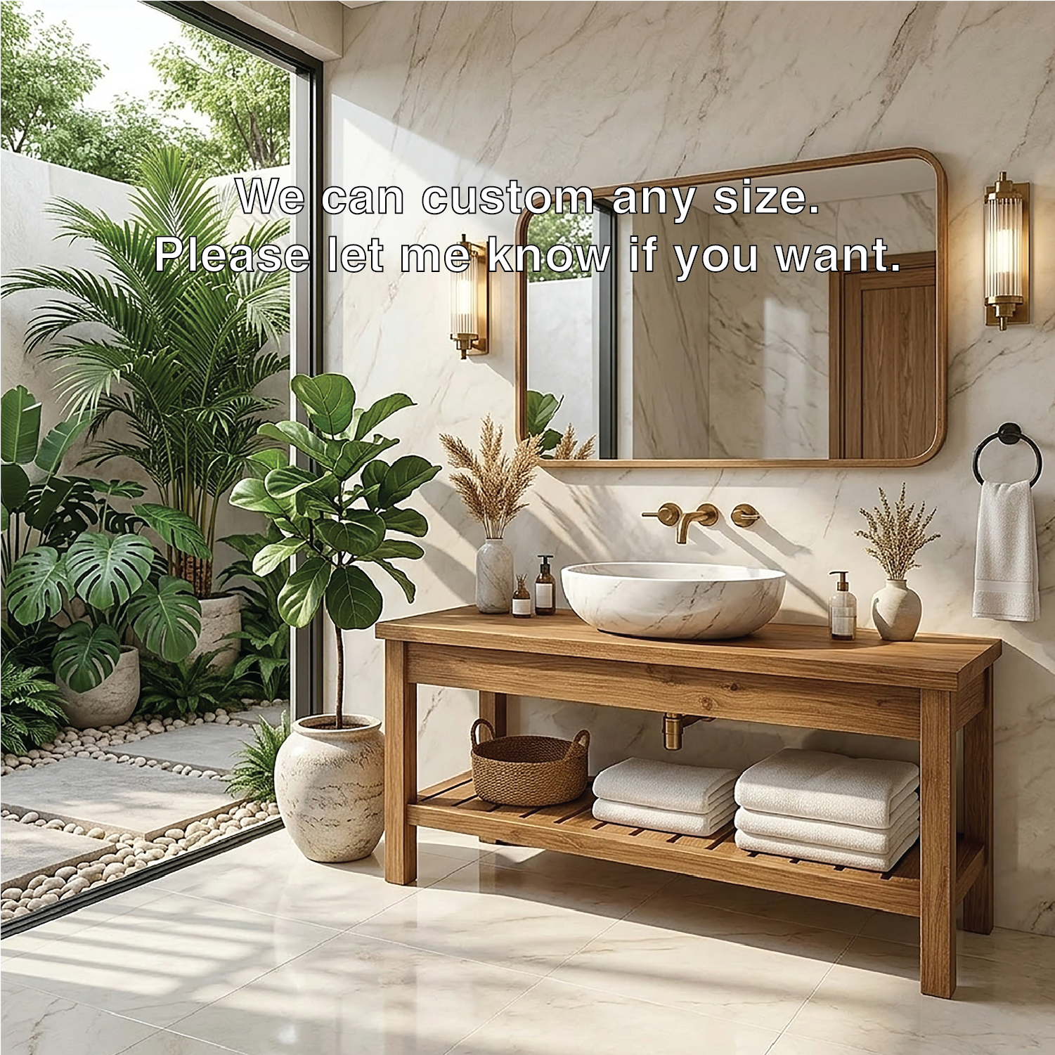 Modern Oak Bathroom Vanity with White Marble Sink and Golden Fixtures