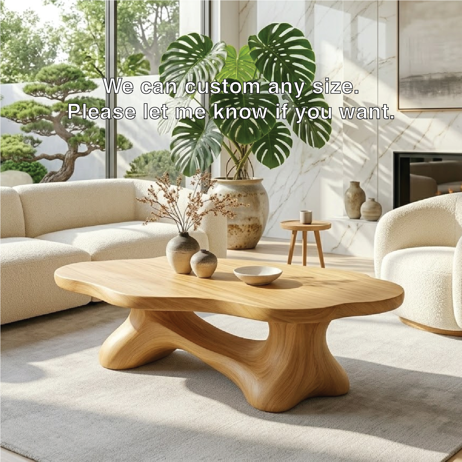 Solid Wood Sculptural Coffee Table with Organic Carved Base, Modern Designer Living Room Table