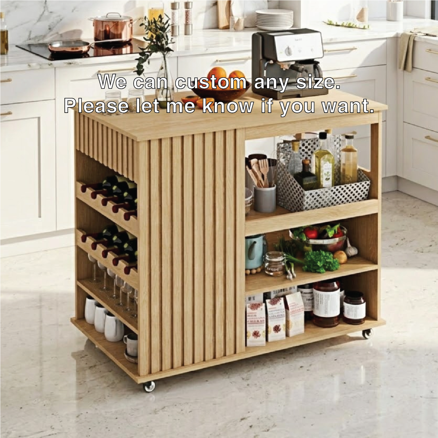 Rolling Kitchen Island with Wine Rack Storage Shelves, Modern Prep Cart for Home Kitchen Use