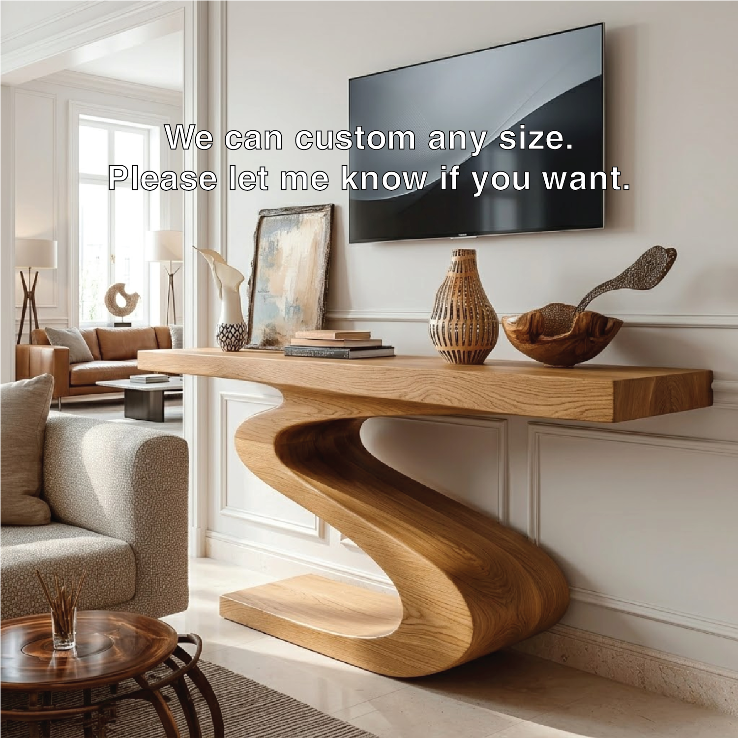 Solid Wood Console Table with Sculpted Curved Base, Modern Artistic Design