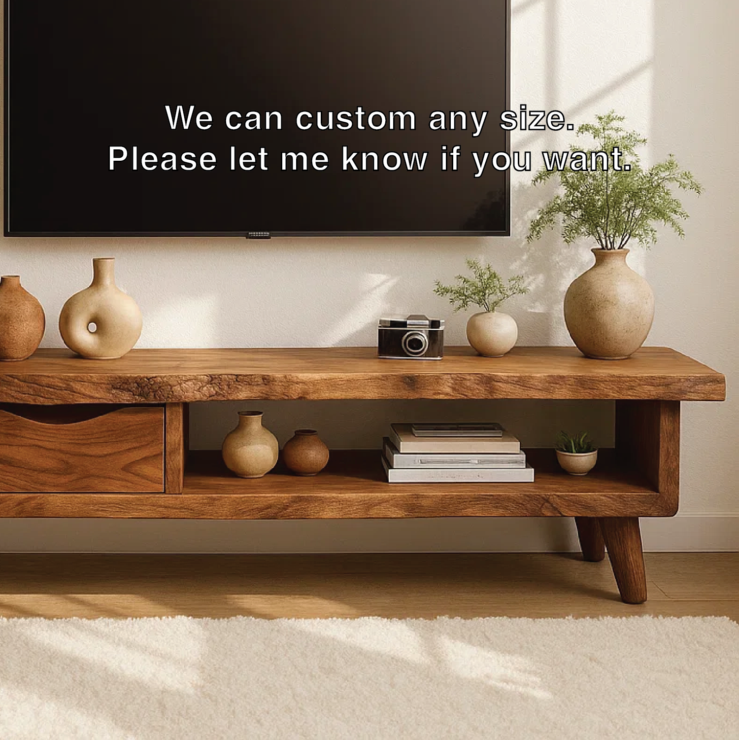 Handcrafted Solid Wood TV Stand with Drawer and Open Shelf, Mid Century Modern Media Console