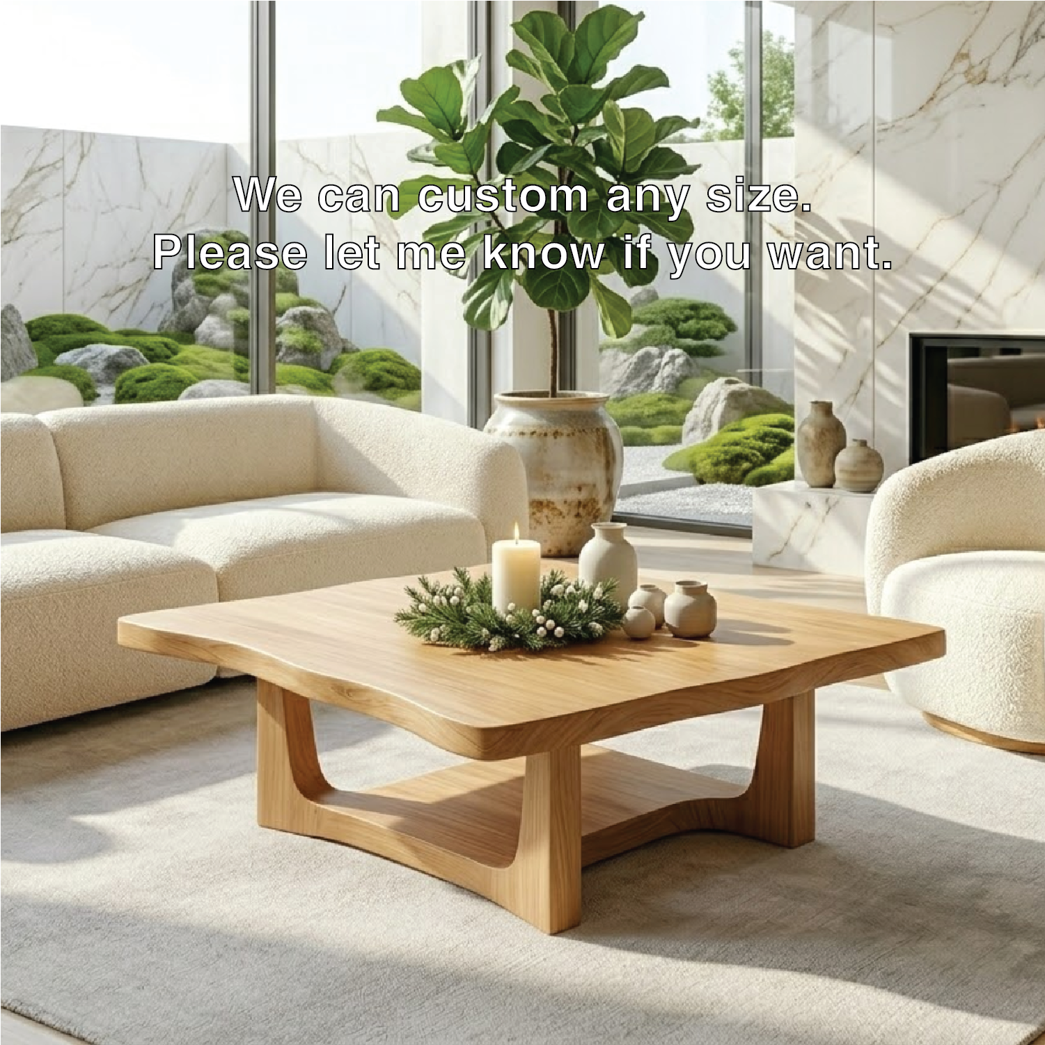 Solid Oak Coffee Table with Curved Edges and Open Base, Modern Japanese Style Living Room Table