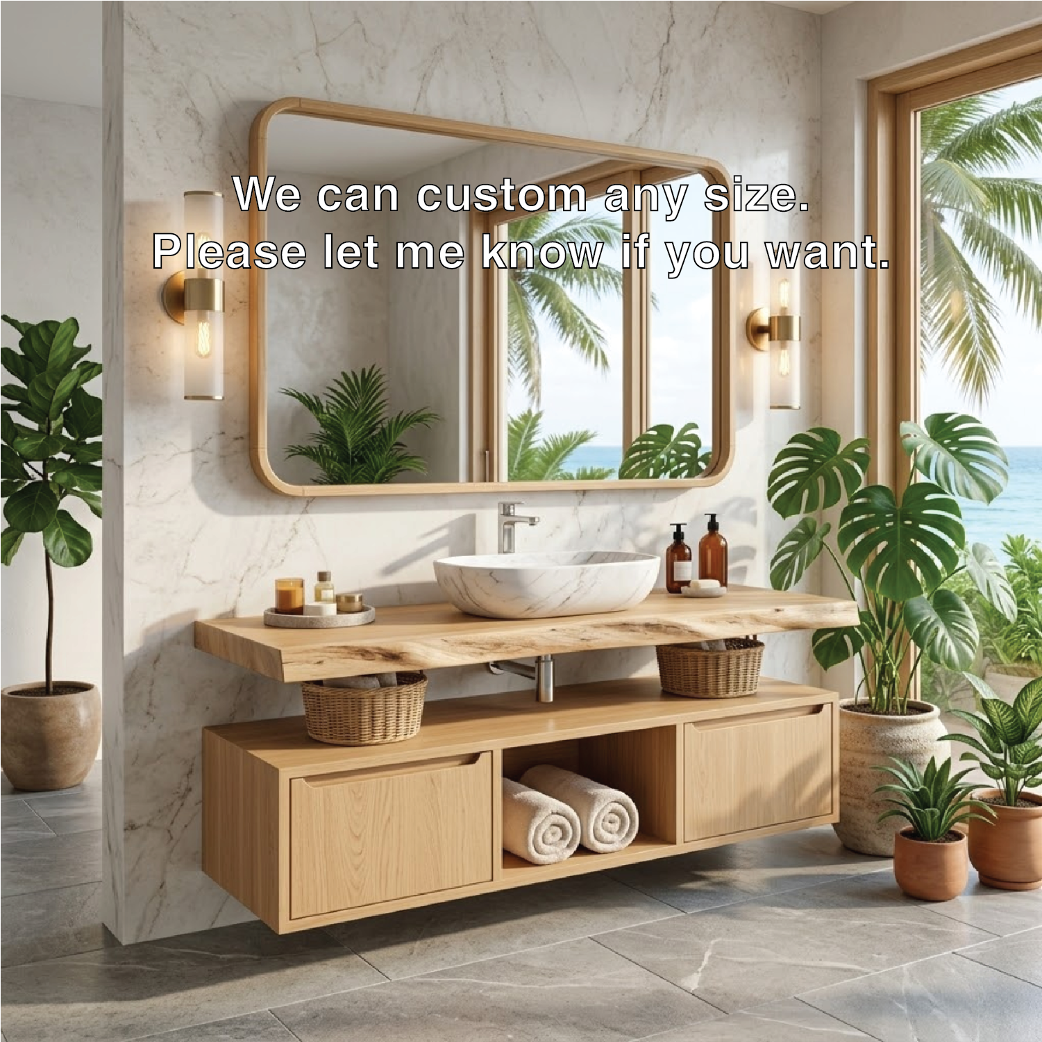 Floating Bathroom Vanity with Natural Wood Design and Spacious Storage