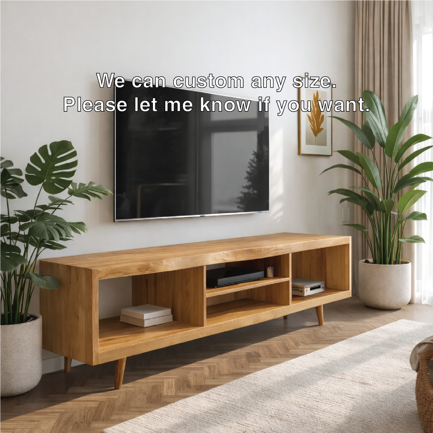 Walnut Mid Century Modern TV Stand Long Wood Media Console Minimalist Entertainment Center