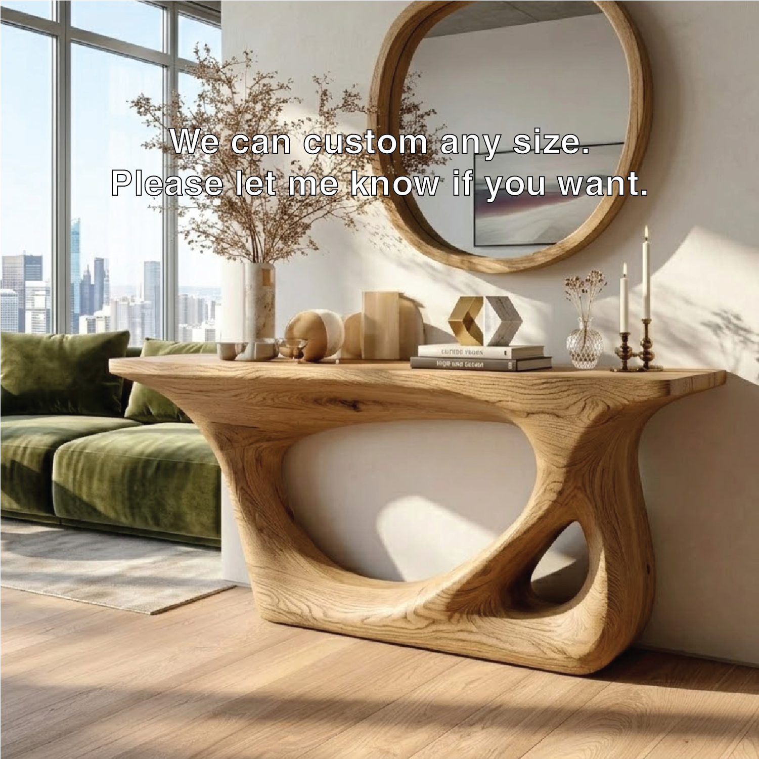 Modern Wooden Console Table with Round Mirror and Elegant Decor