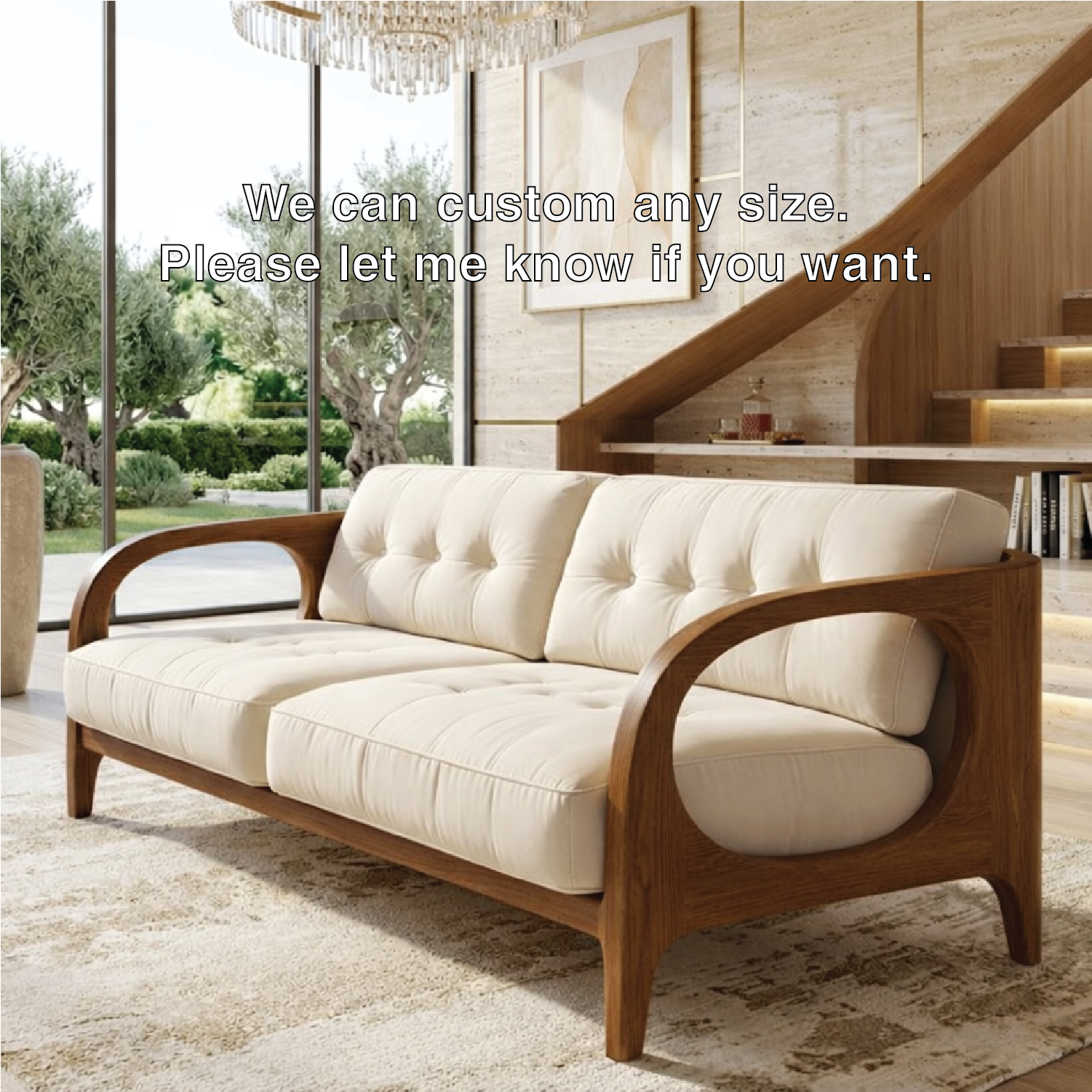Curved Solid Wood Sofa with Cream Tufted Cushions Mid Century Modern Loveseat