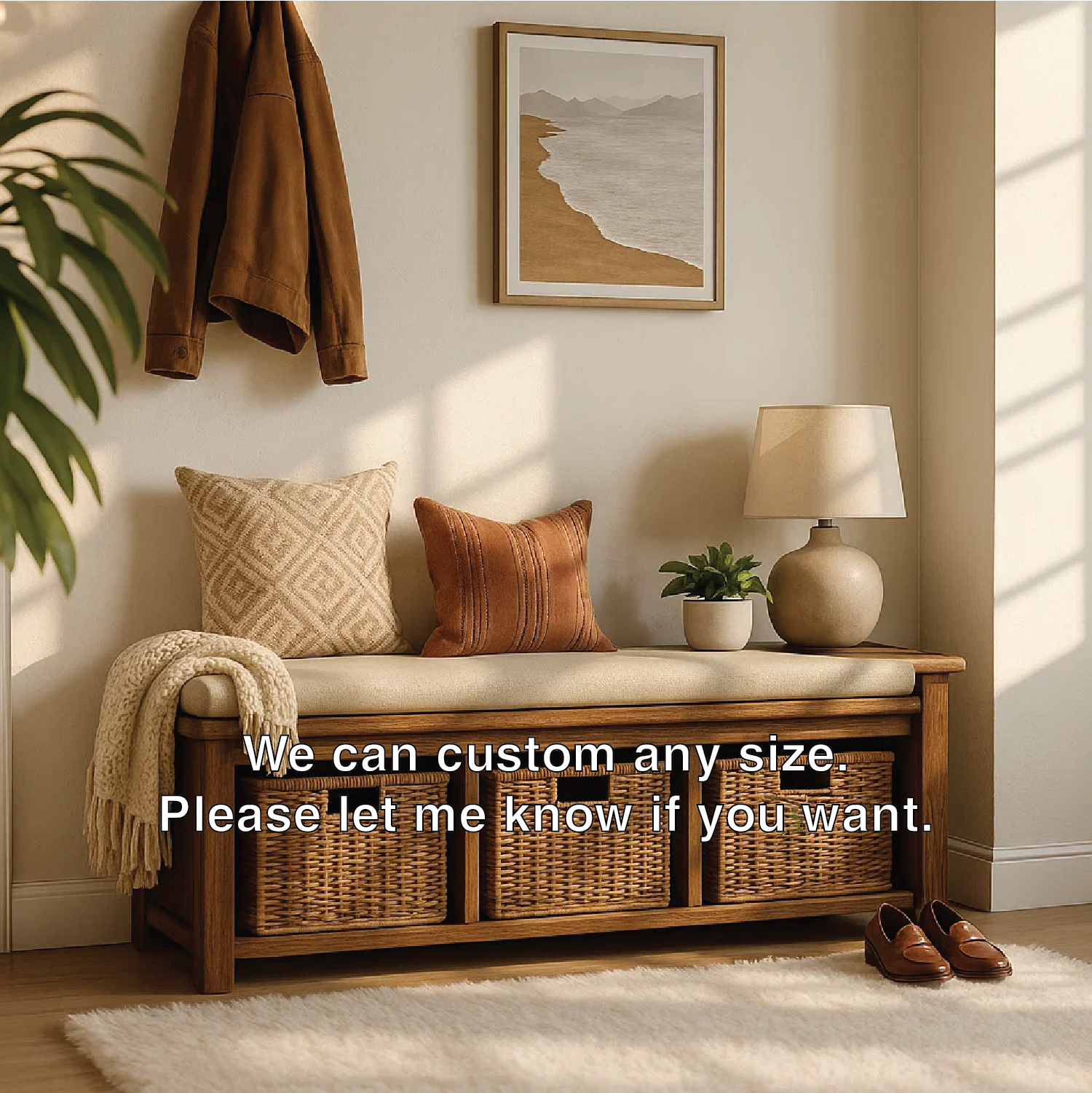 Solid Wood Entryway Bench with Woven Basket Storage, Rustic Hallway Organizer