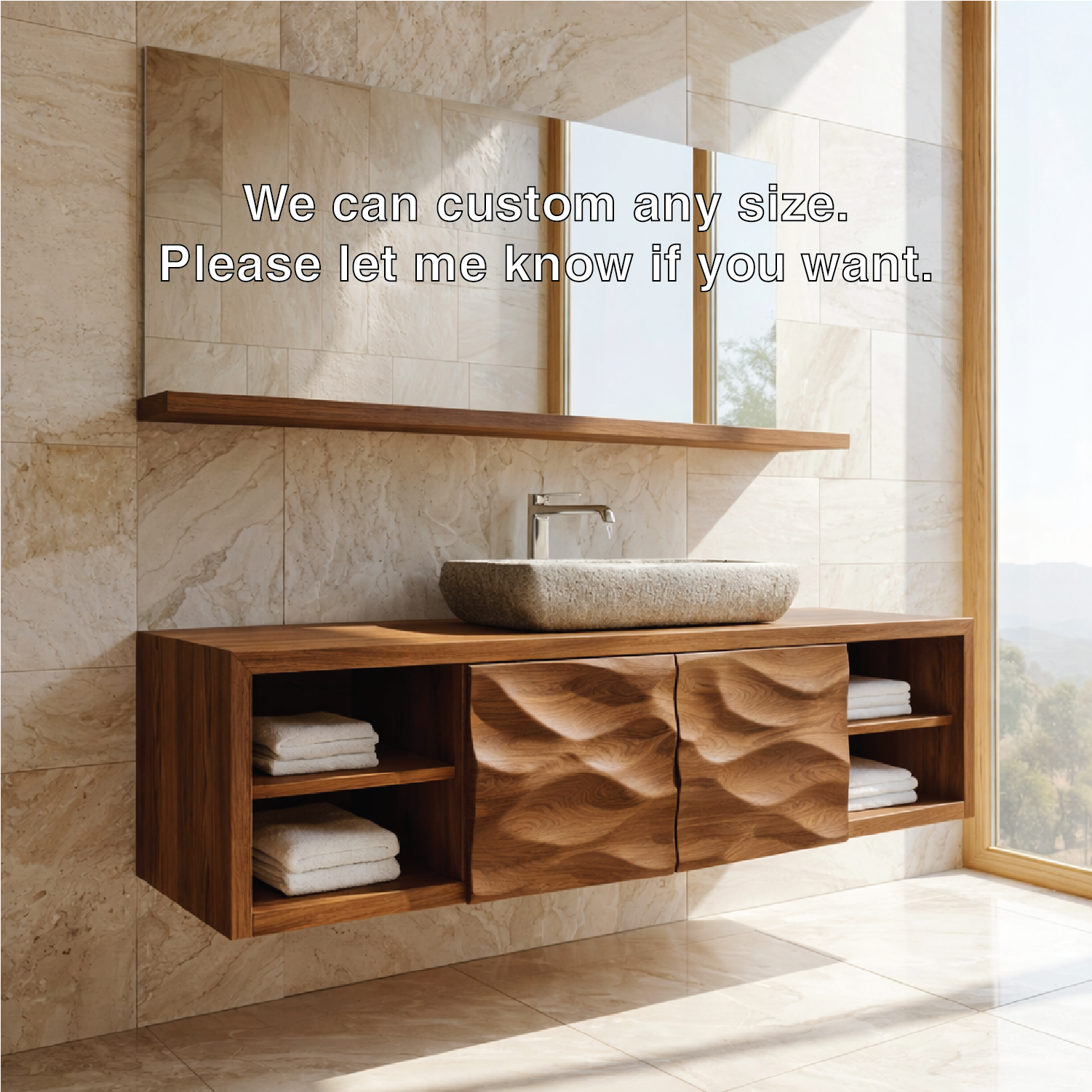 Modern Solid Wood Bathroom Vanity with Floating Storage and Sculpted Cabinet Doors