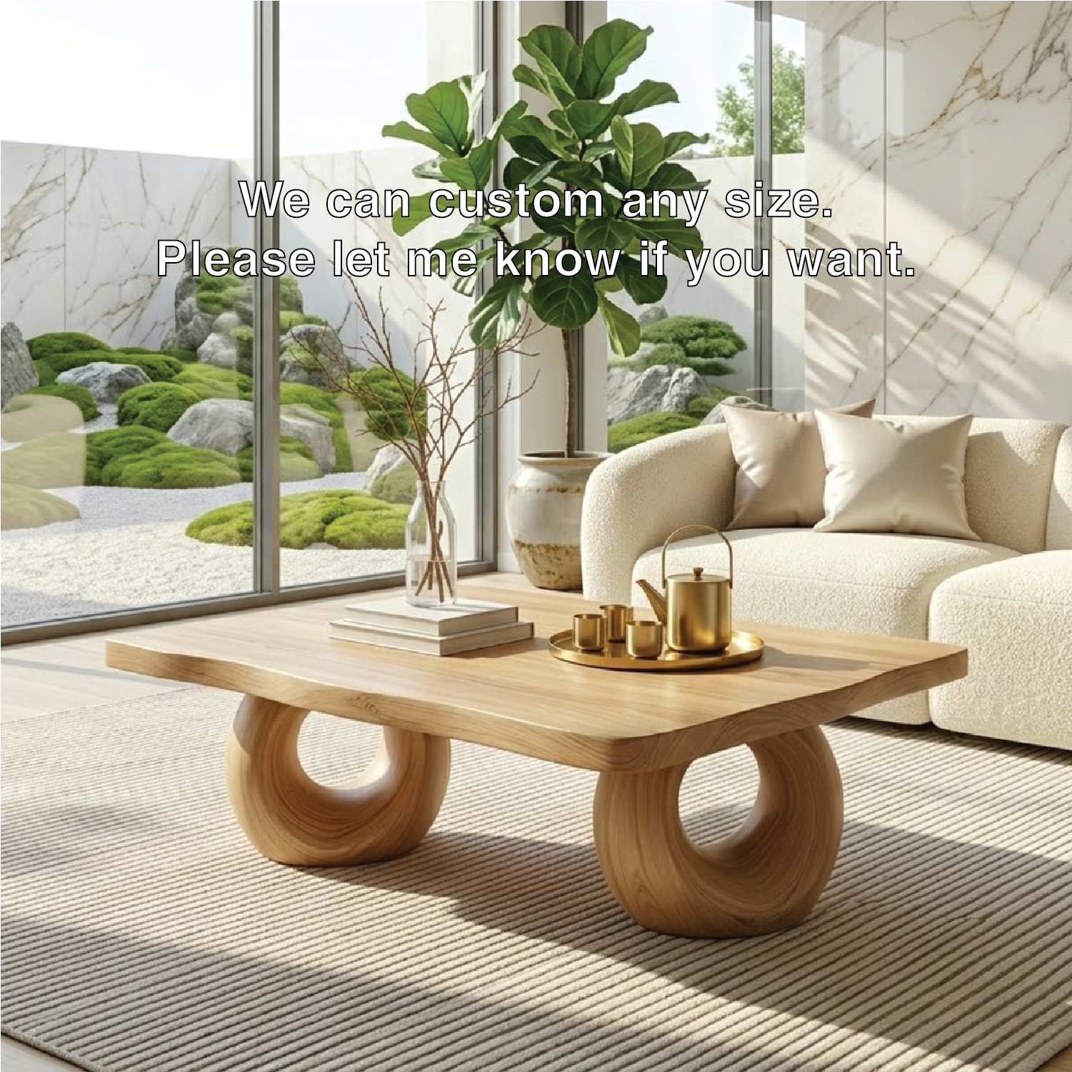 Solid Wood Sculptural Coffee Table with Round Carved Base, Modern Designer Living Room Table