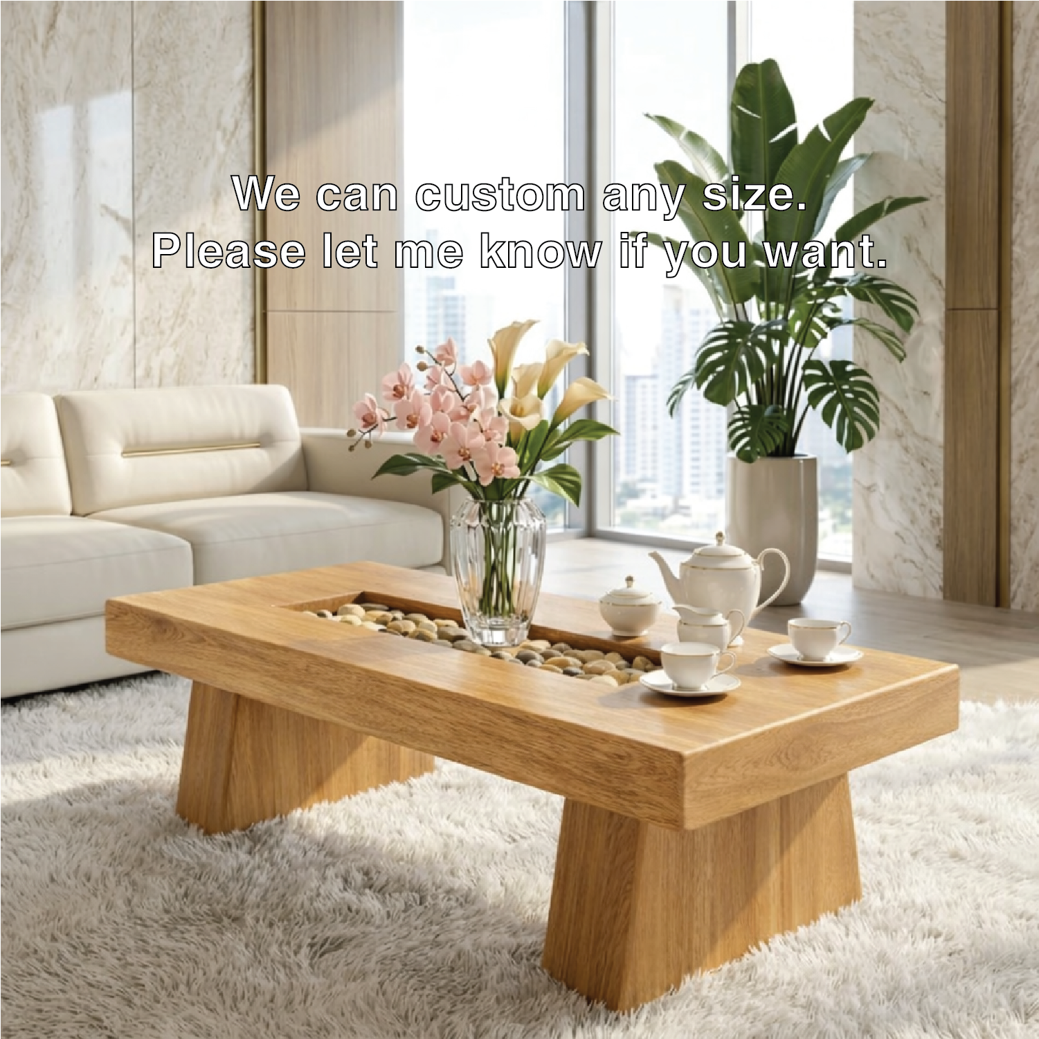 Rustic Wooden Coffee Table with Stone Inlay, Handmade Living Room Furniture