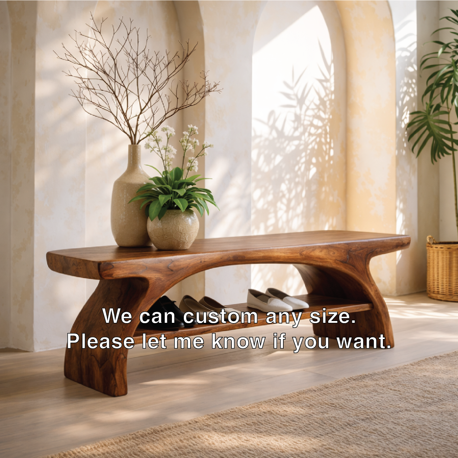 Sculptural Solid Wood Entryway Bench with Open Shoe Shelf