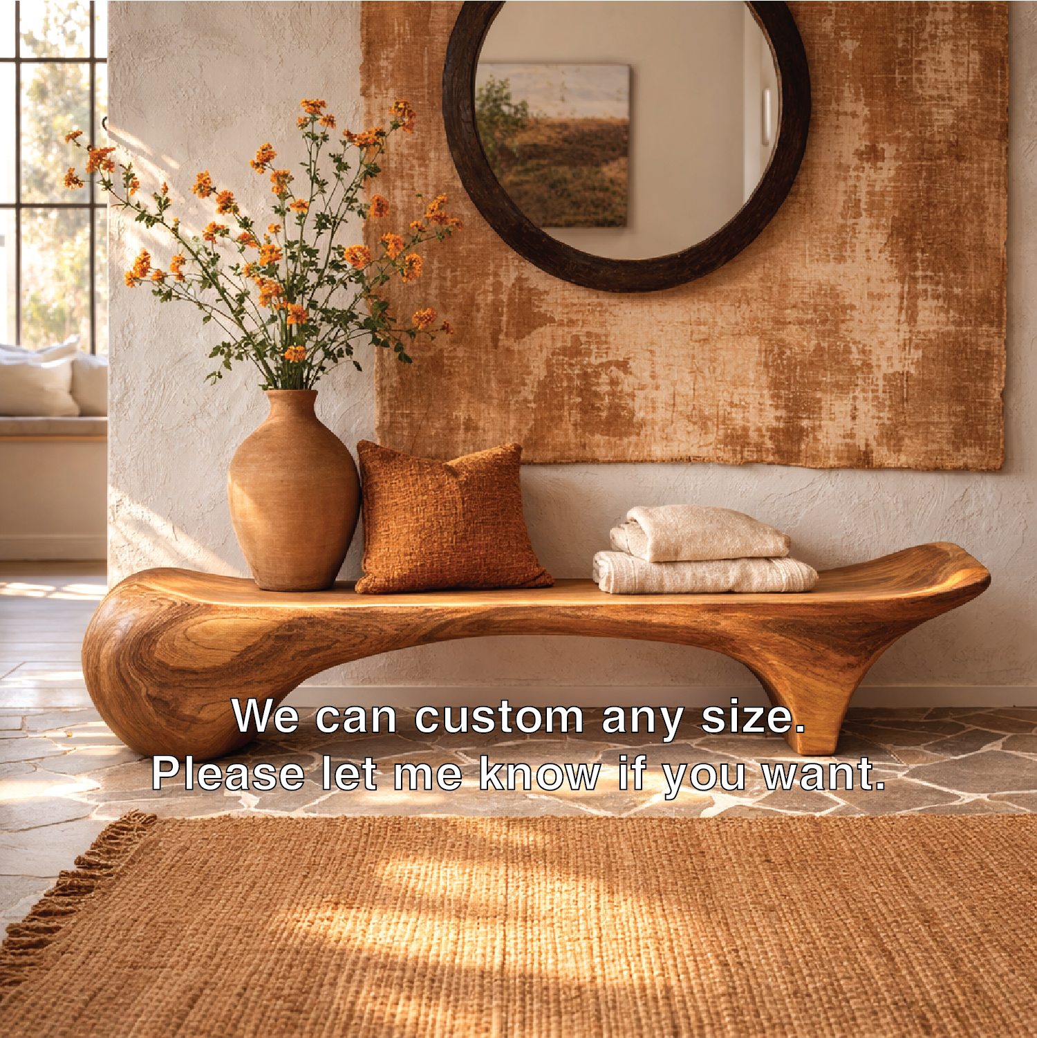 Sculptural Solid Wood Bench, Organic Modern Entryway Statement Seat