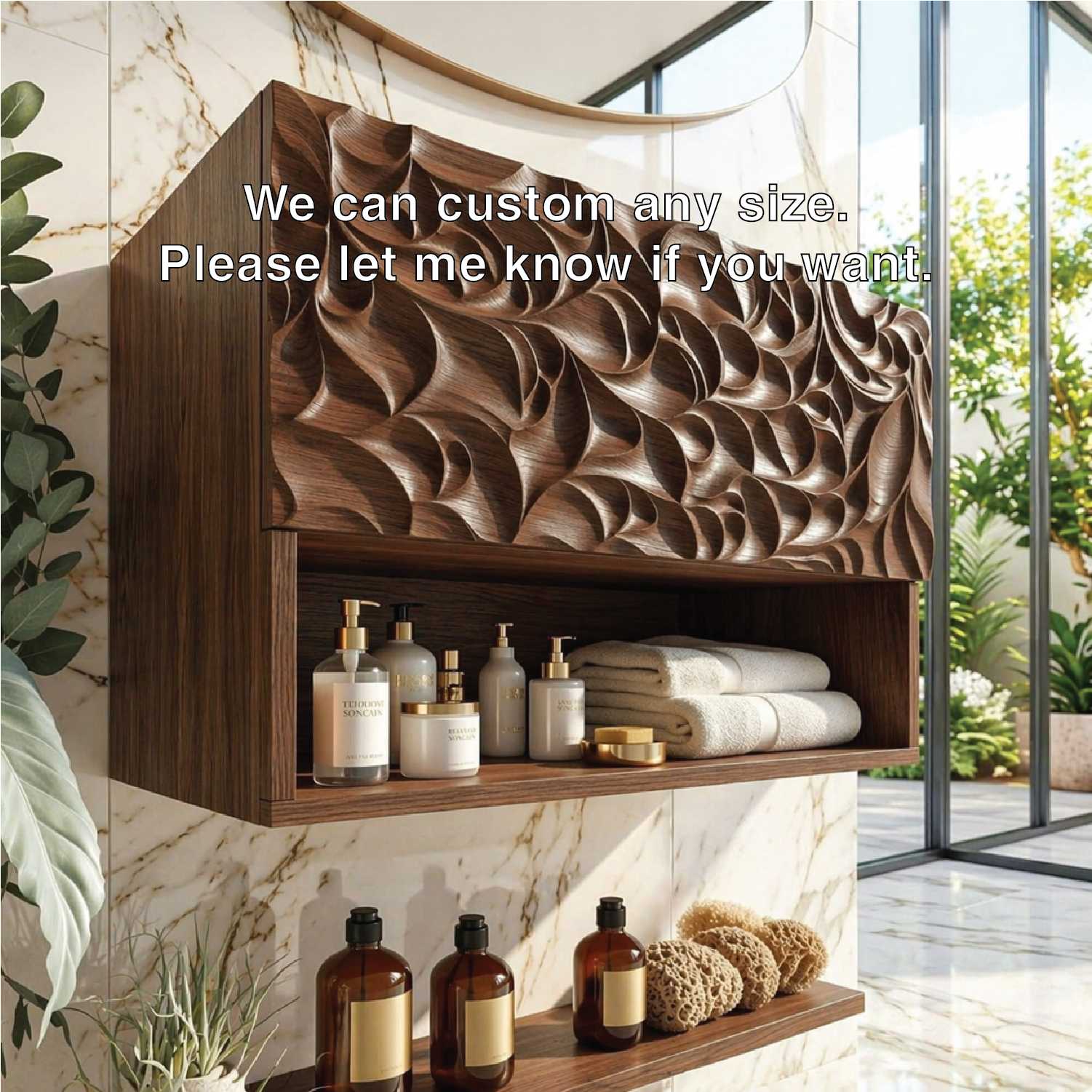 Solid Wood Floating Bathroom Cabinet, Modern Wall Mounted Carved Vanity Storage Shelf
