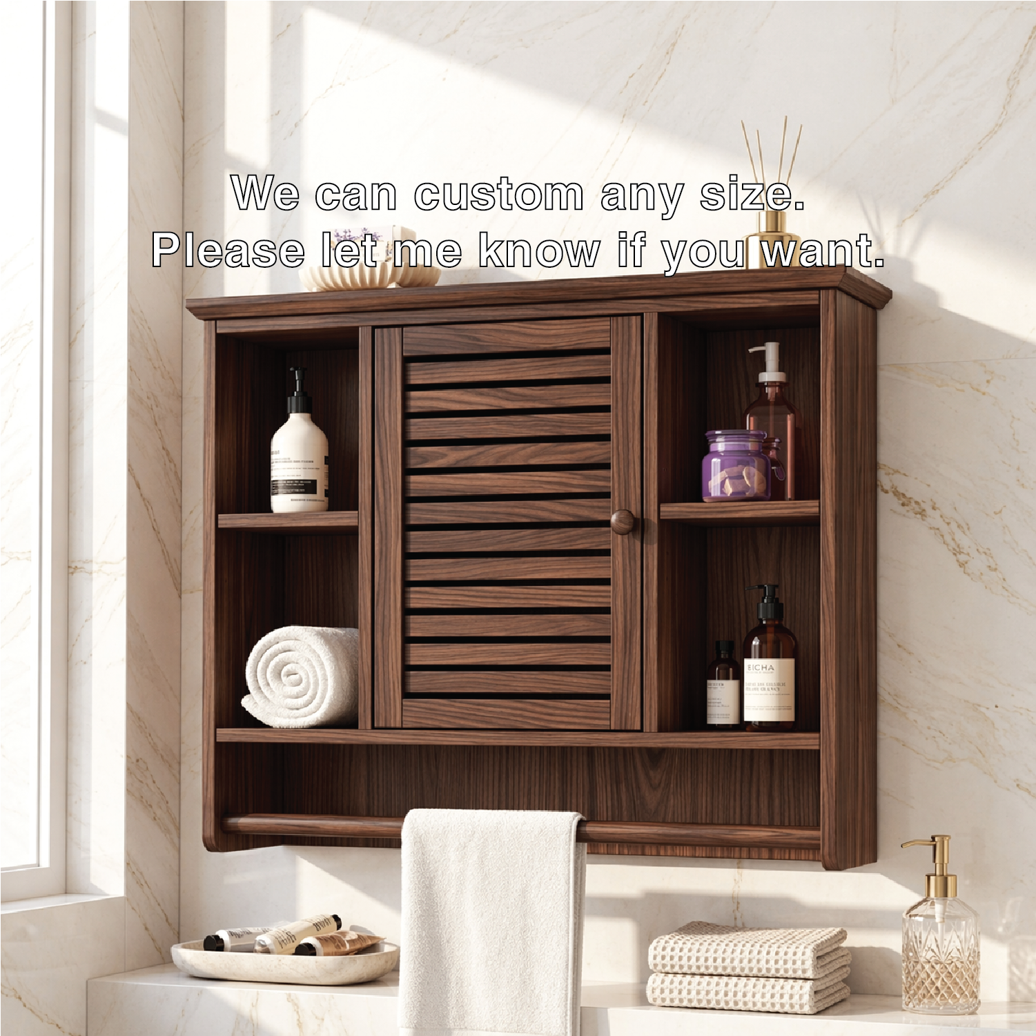 Floating Bathroom Cabinet, Wall-Mounted Vanity Storage With Slatted Door Towel Bar