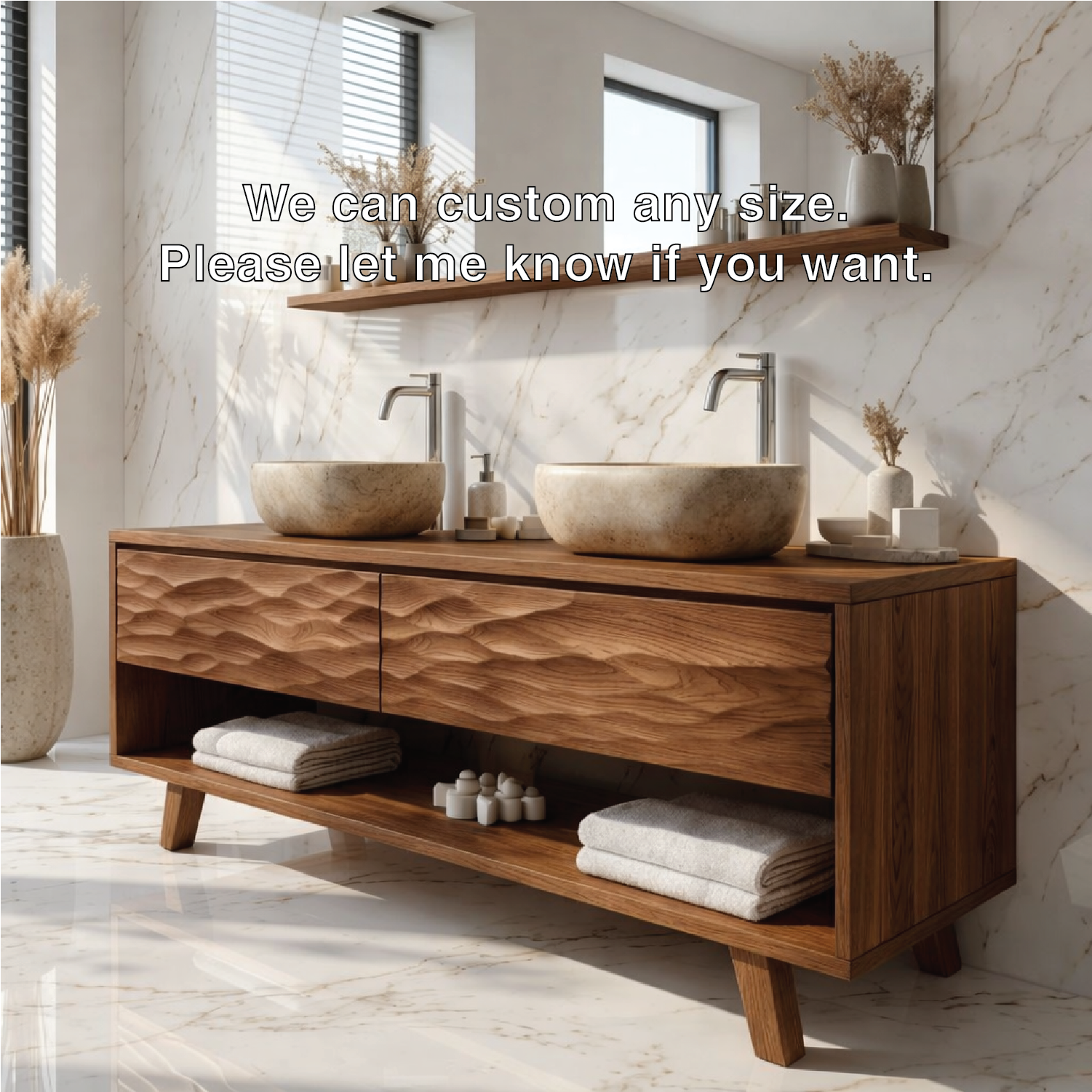 Modern Solid Wood Double Bathroom Vanity with Textured Front and Open Shelf Storage