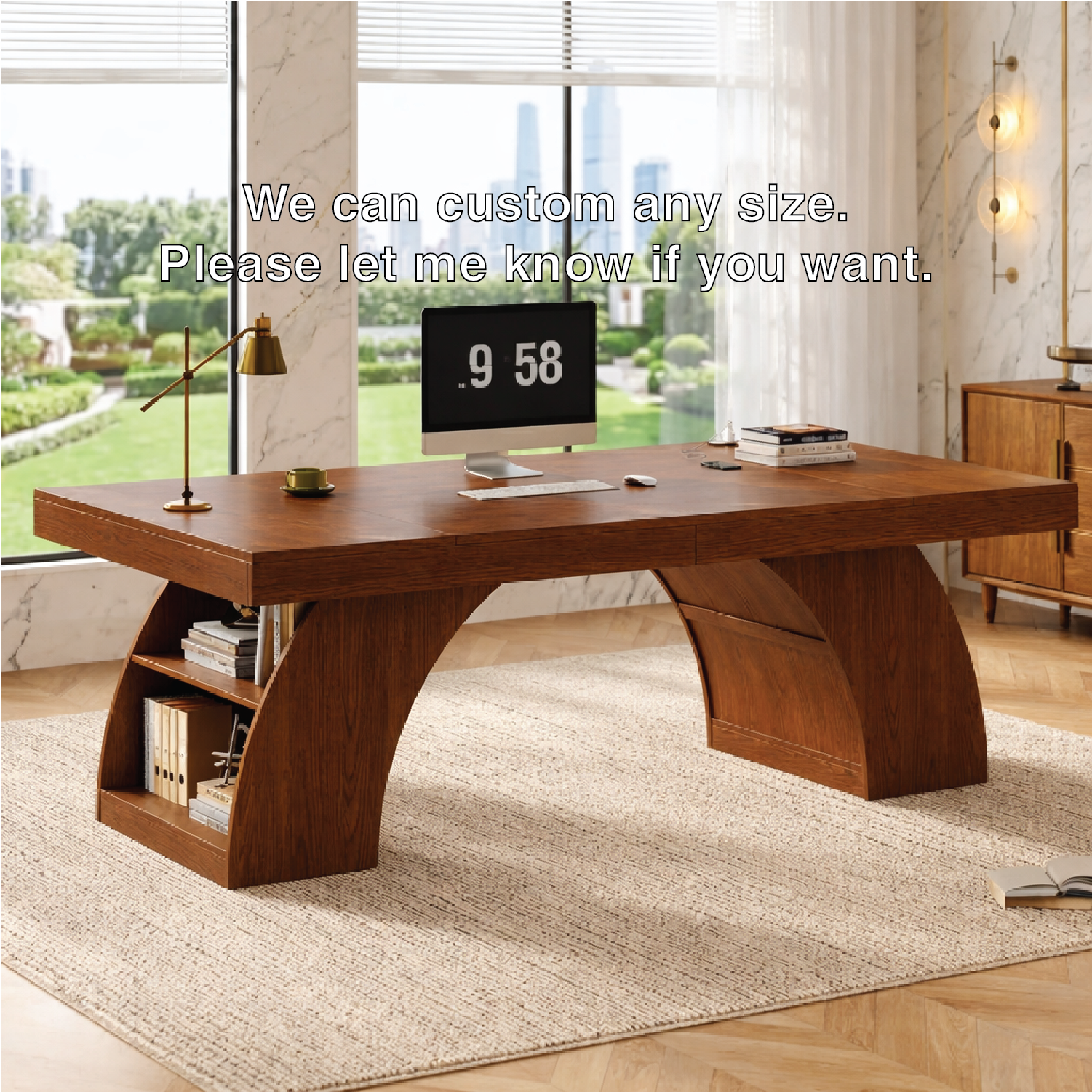 Modern Executive Desk with Sculptural Base, Storage Shelves, Designer Workspace Office Table