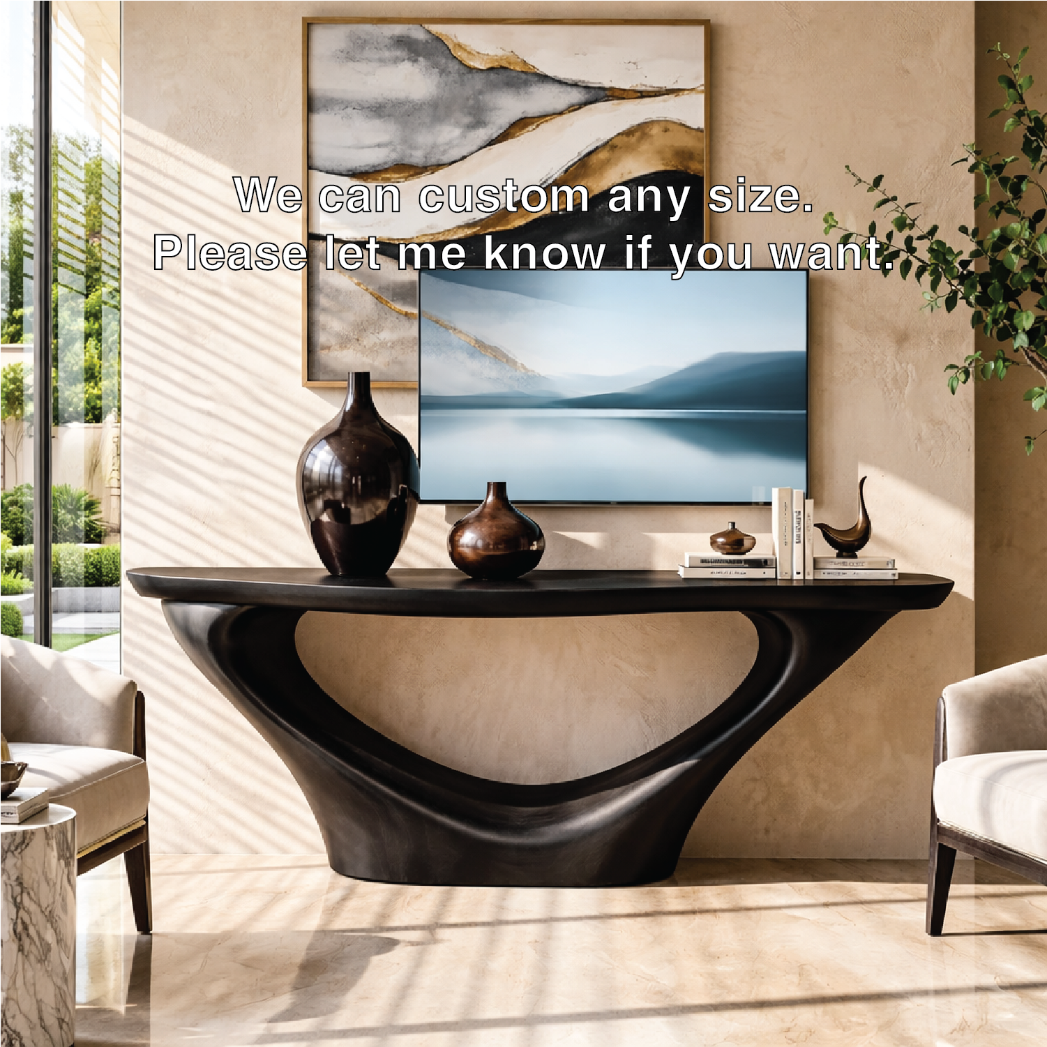Solid Wood Console Table with Sculptural Curved Base, Modern Artistic Design