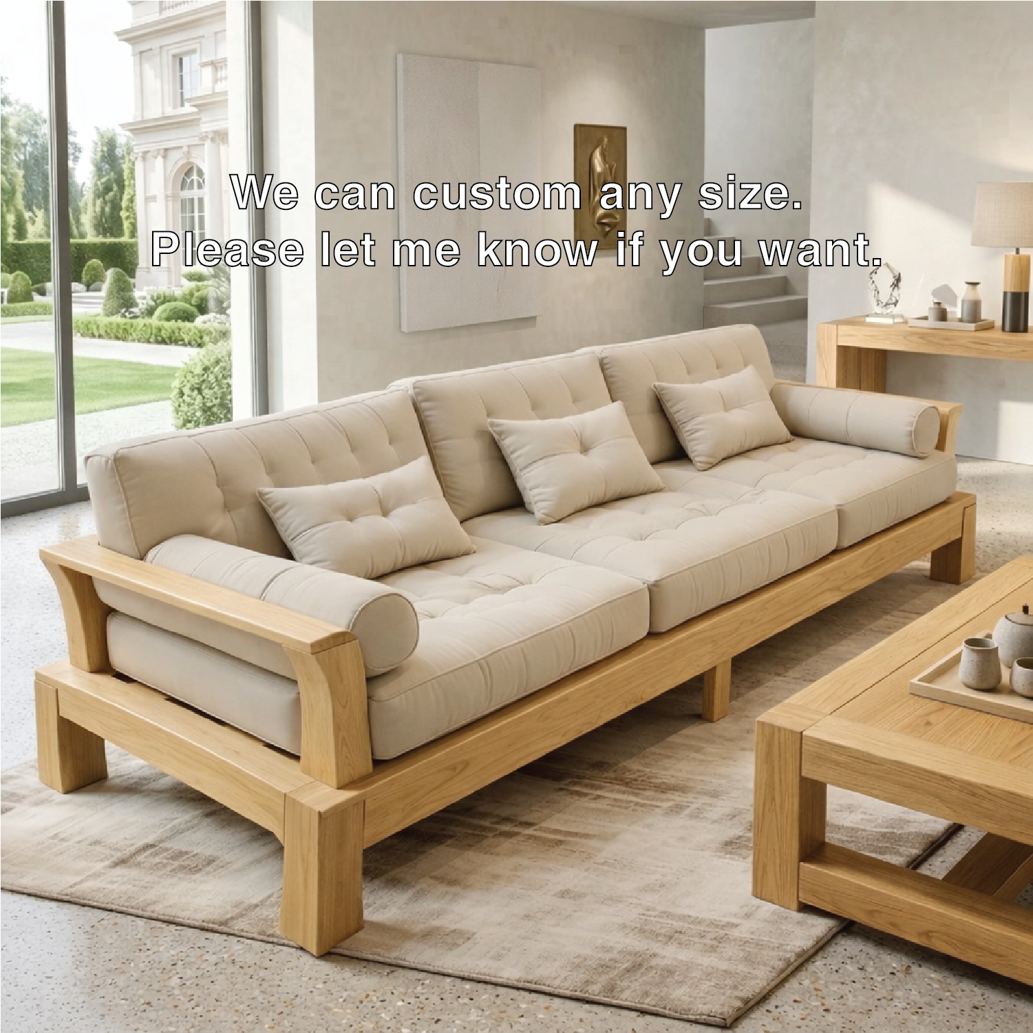 Large Solid Wood Sofa with Beige Tufted Cushions Modern Japandi Living Room Couch