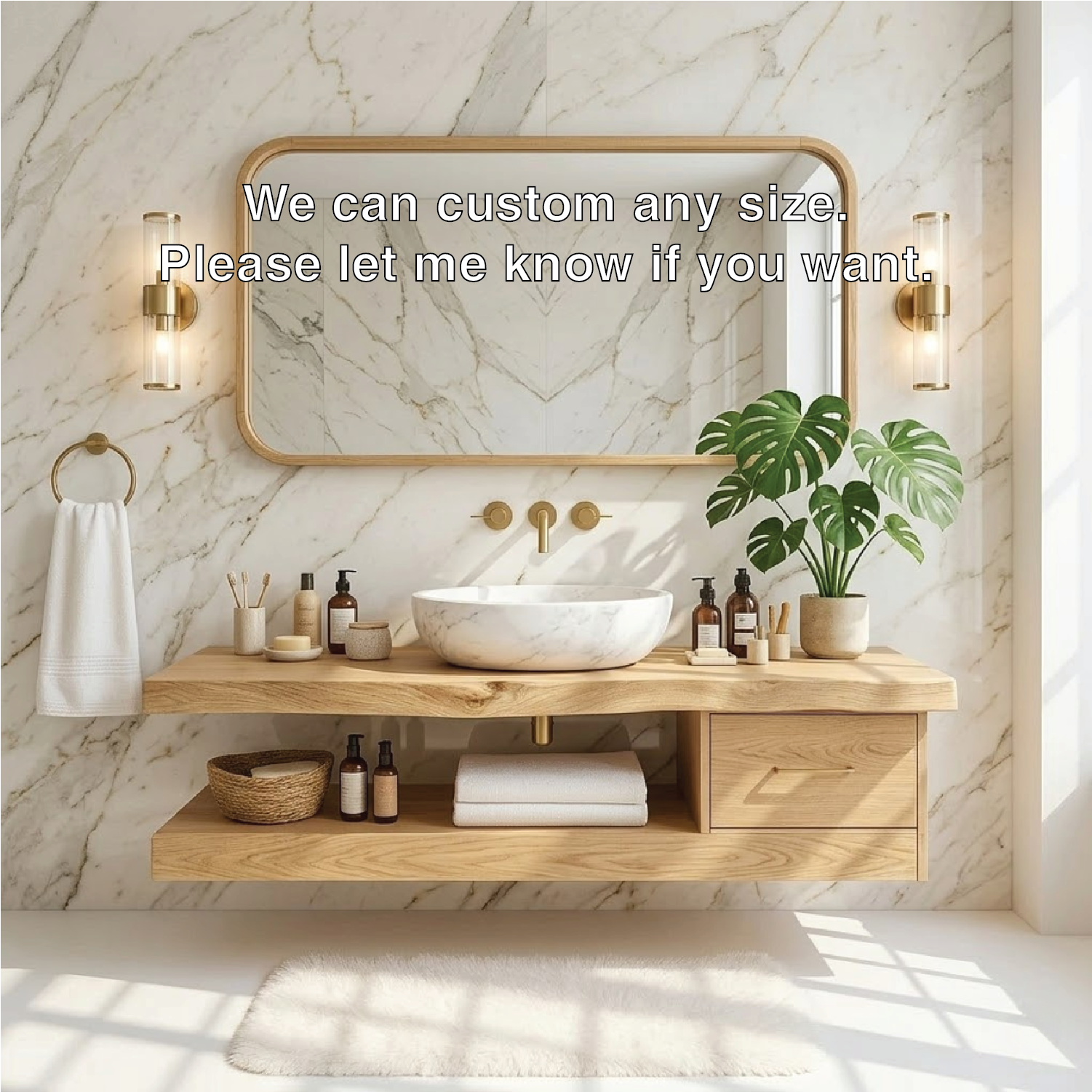 Floating Vanity with Natural Wood and Marble Sink, Modern Bathroom Design