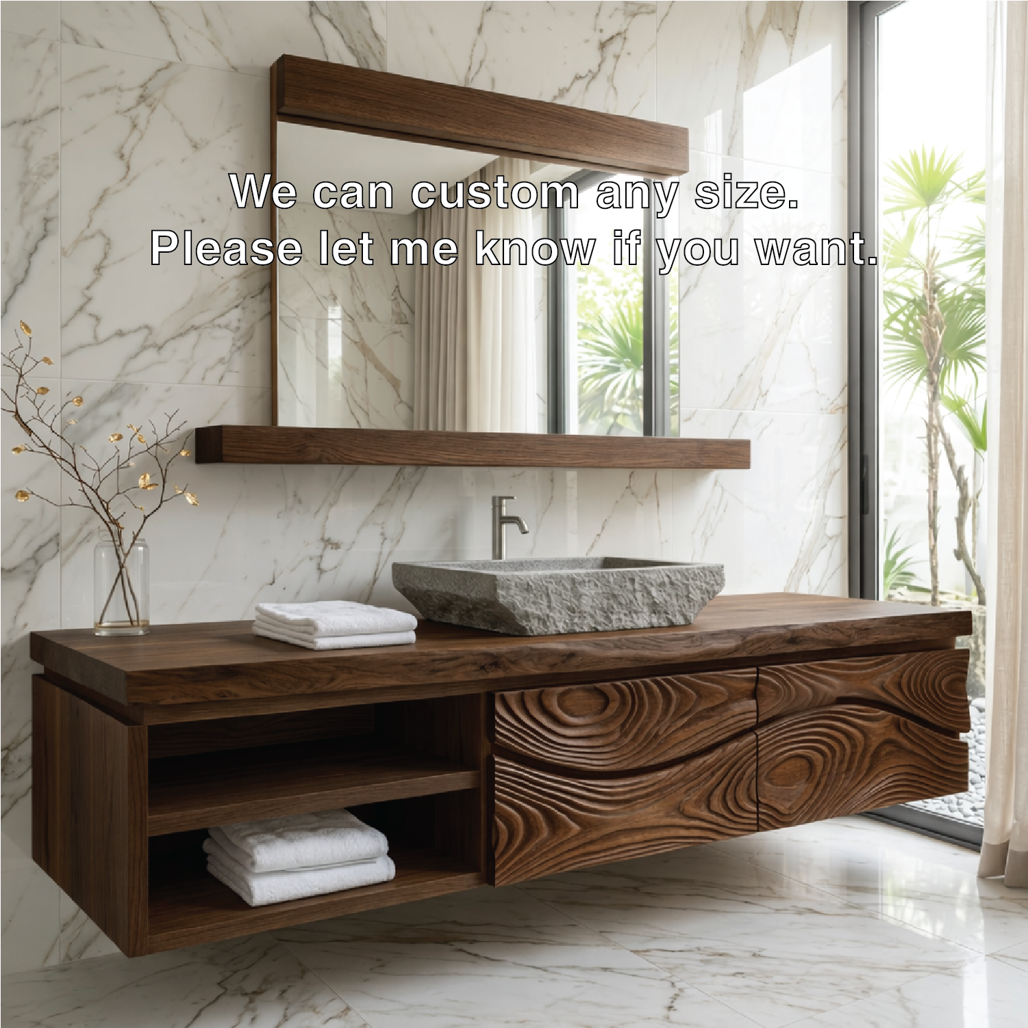 Modern Solid Wood Bathroom Vanity with Floating Storage and Sculpted Drawer Front
