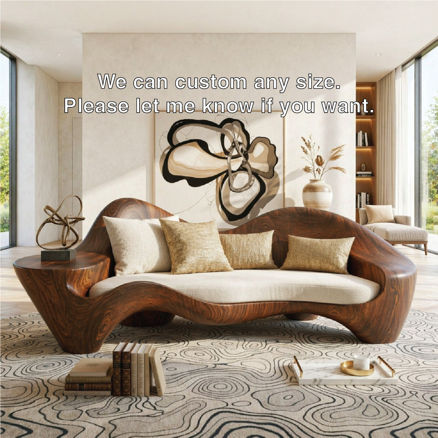 Modern Sculptural Curved Sofa with Side Table, Statement Living Room Furniture