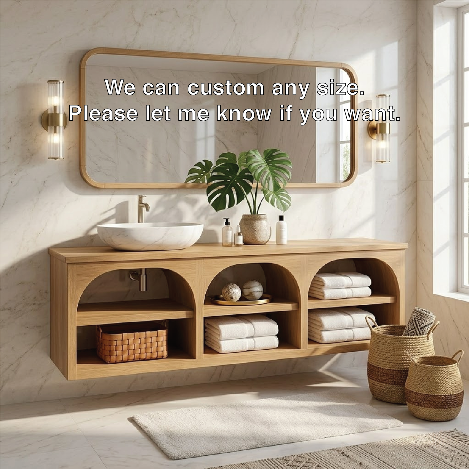 Floating Vanity with Natural Wood and Marble Sink, Open Shelf Storage