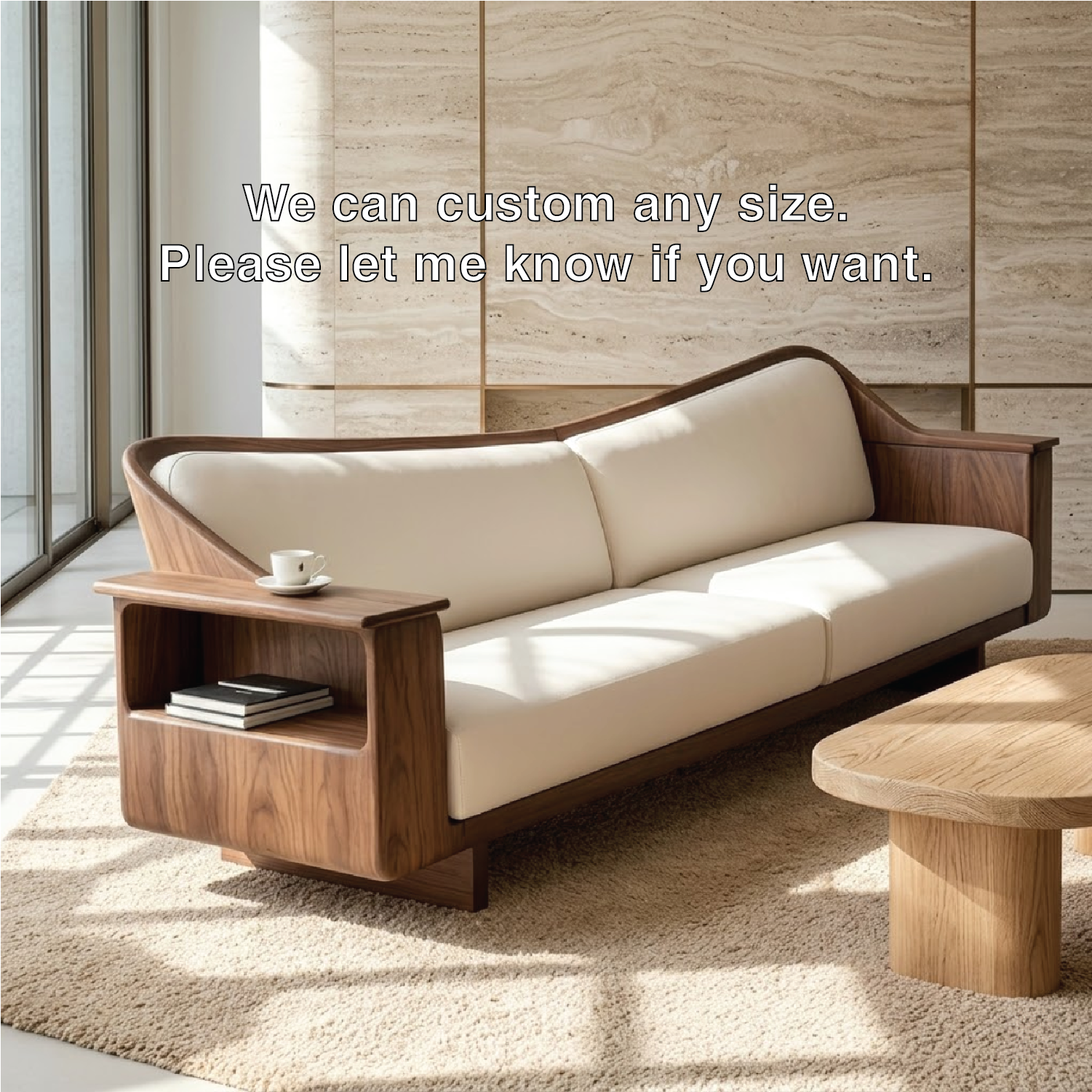 Modern Curved Solid Wood Sofa with Built-in Side Shelf White Leather Couch