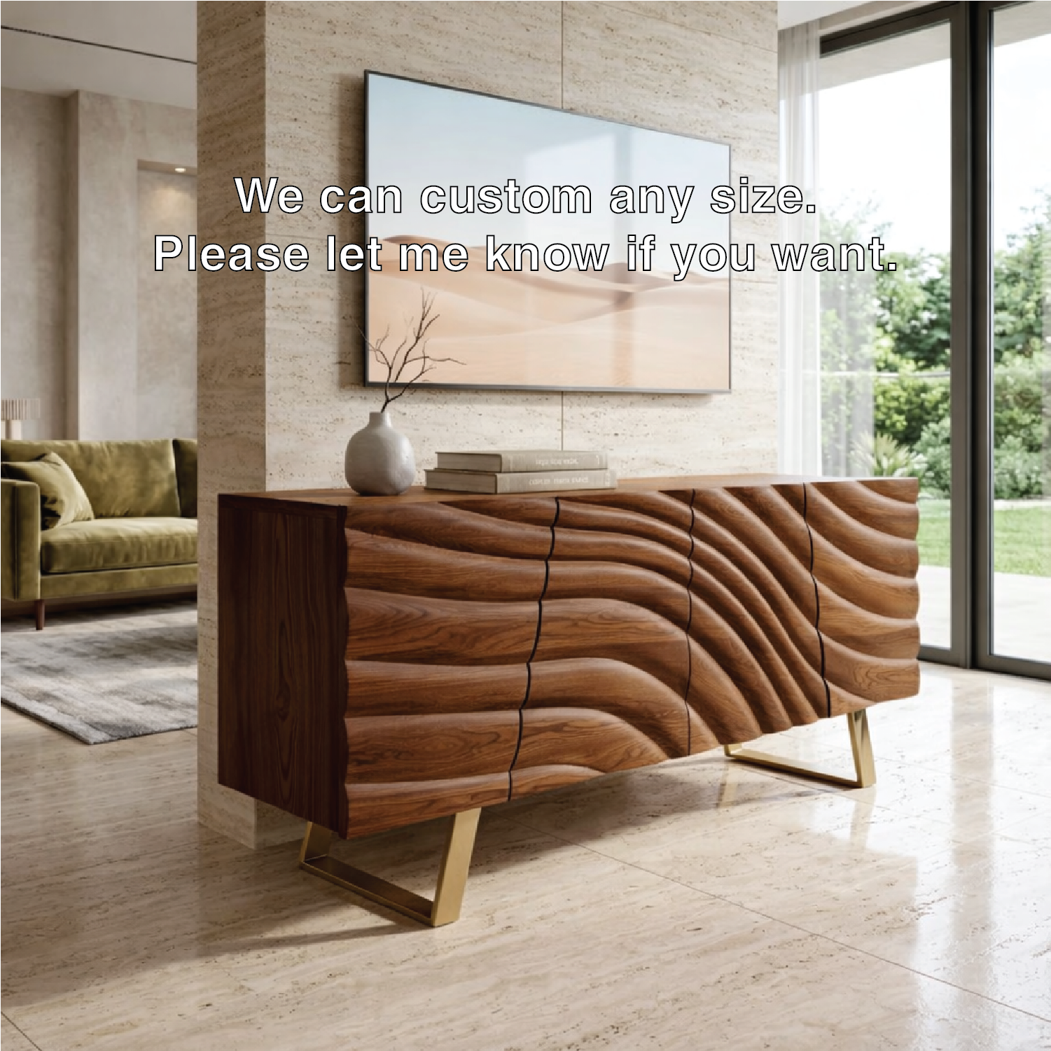 Solid Wood TV Stand with Sculpted Doors, Modern Media Console for Living Room