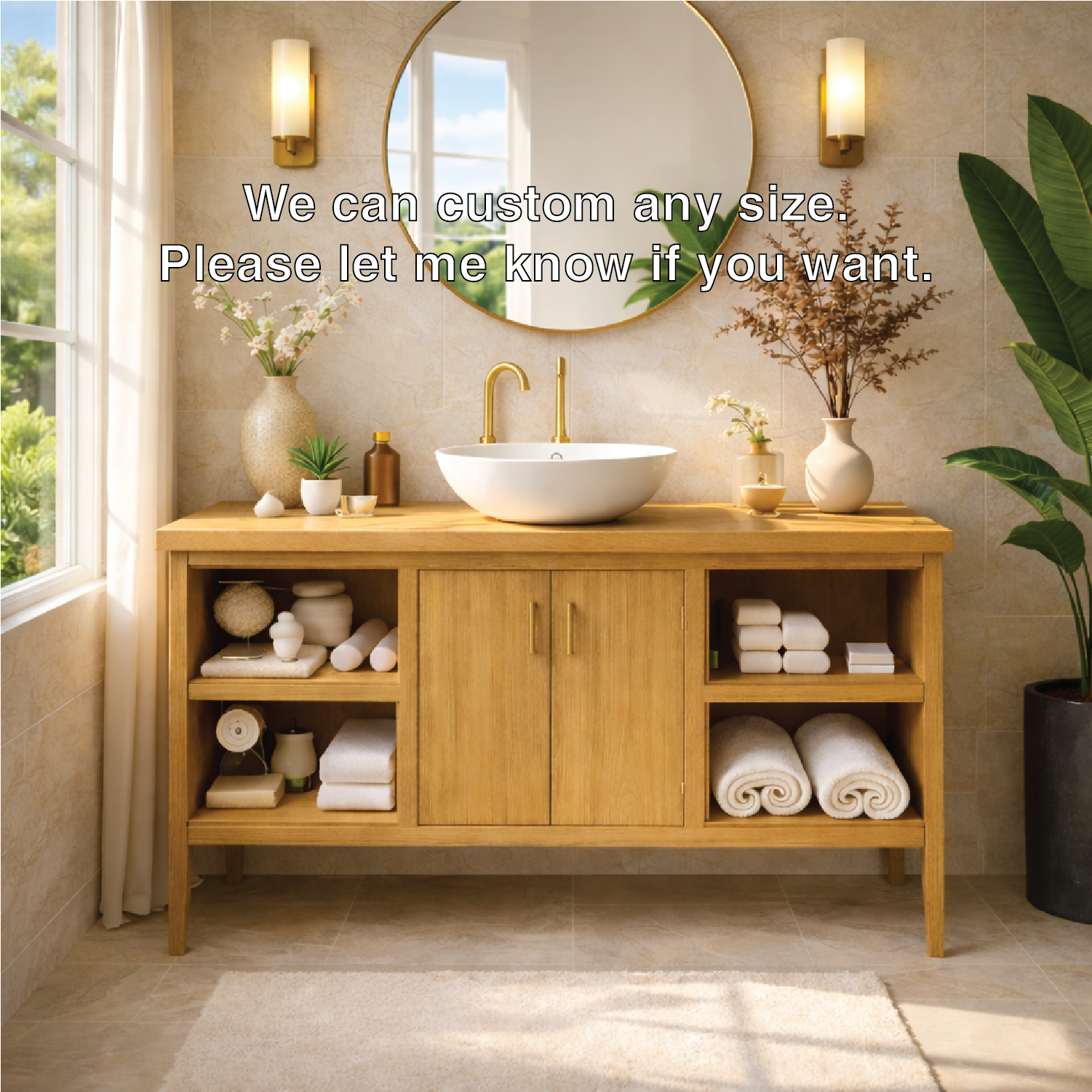 Sleek Wooden Bathroom Vanity with Open Shelving and Storage