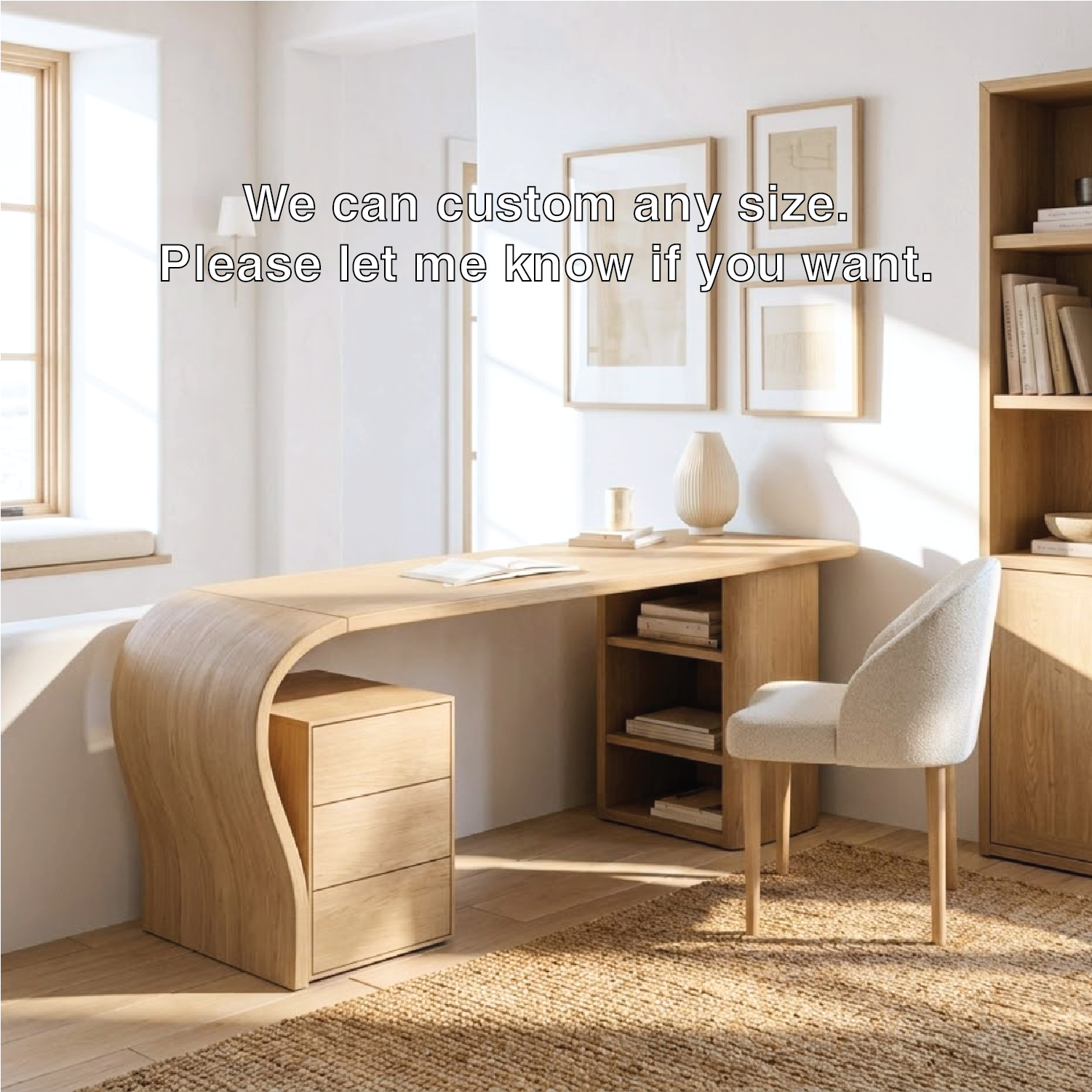 Modern Curved Writing Desk with Drawers and Shelf Home Office Work Table Design