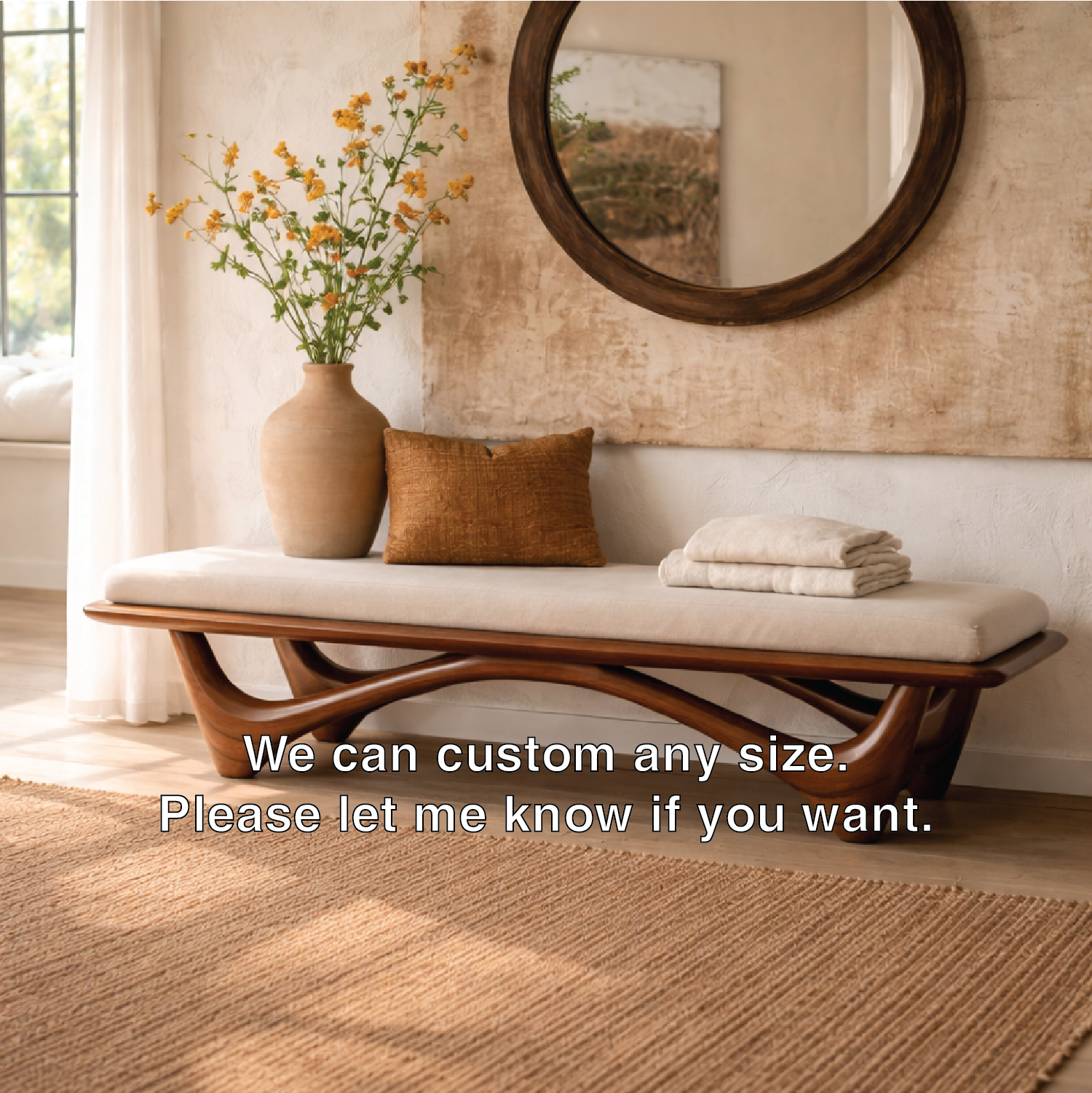 Solid Wood Entryway Bench with Curved Base, Modern Rustic Hallway Seating