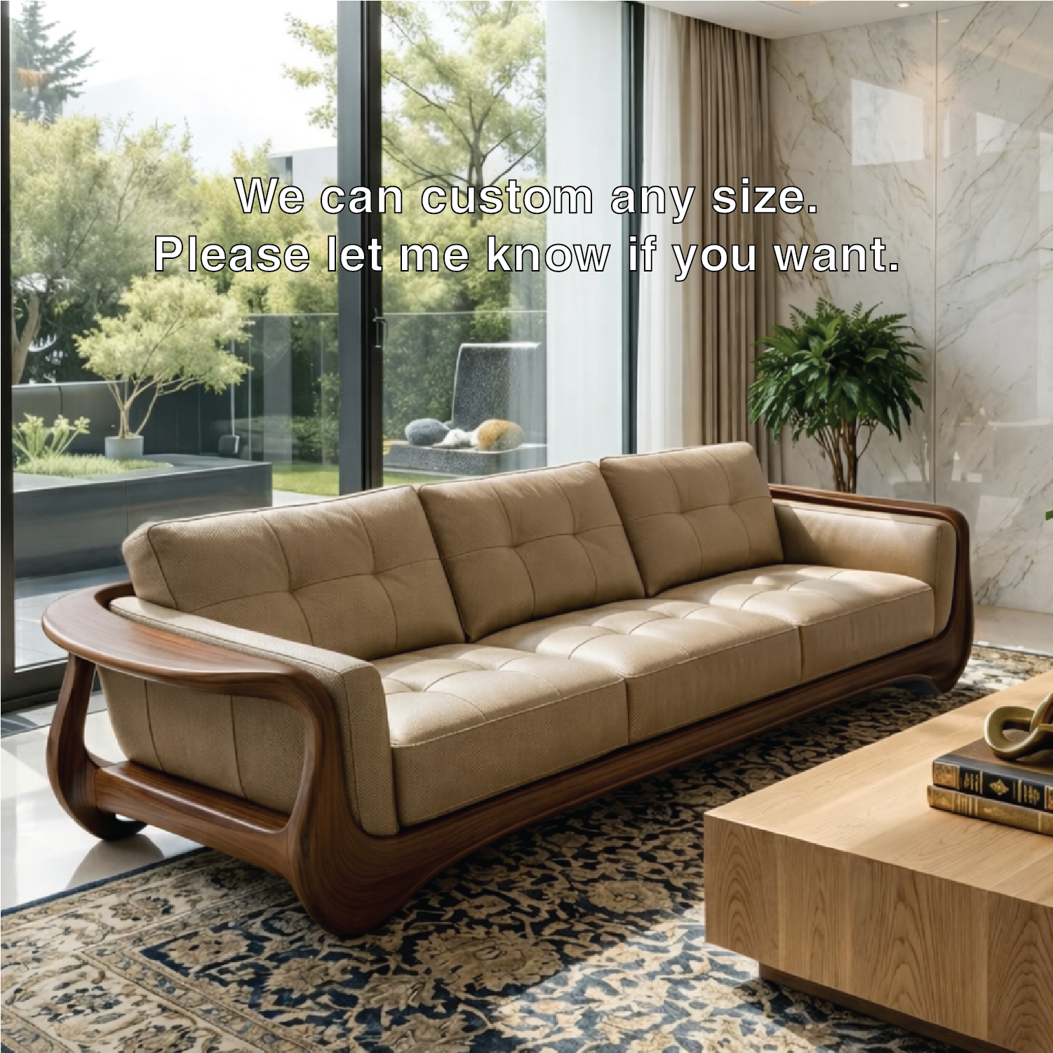 Luxury Curved Solid Wood Sofa with Tan Tufted Leather High-End Modern Couch