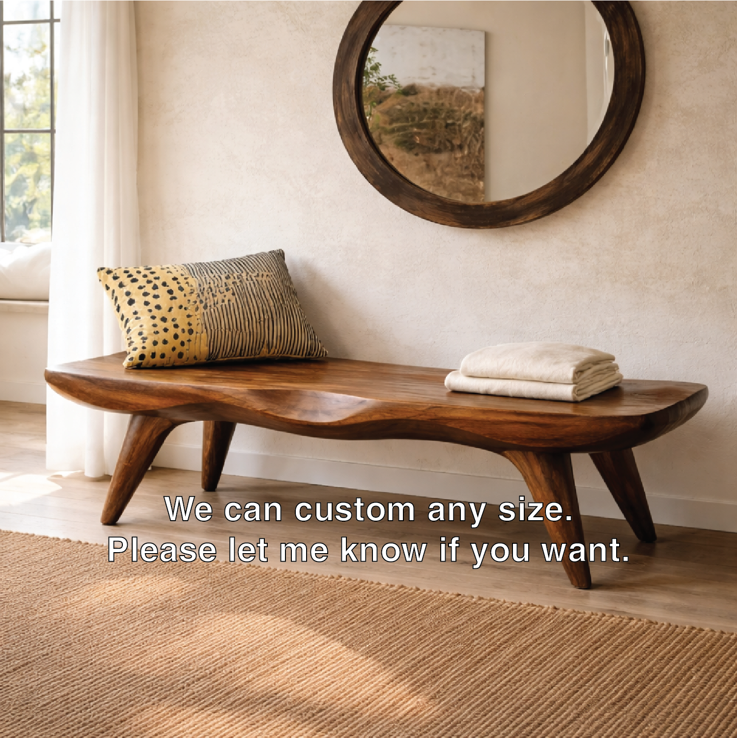 Live Edge Solid Wood Bench, Sculpted Rustic Entryway Hallway Seating