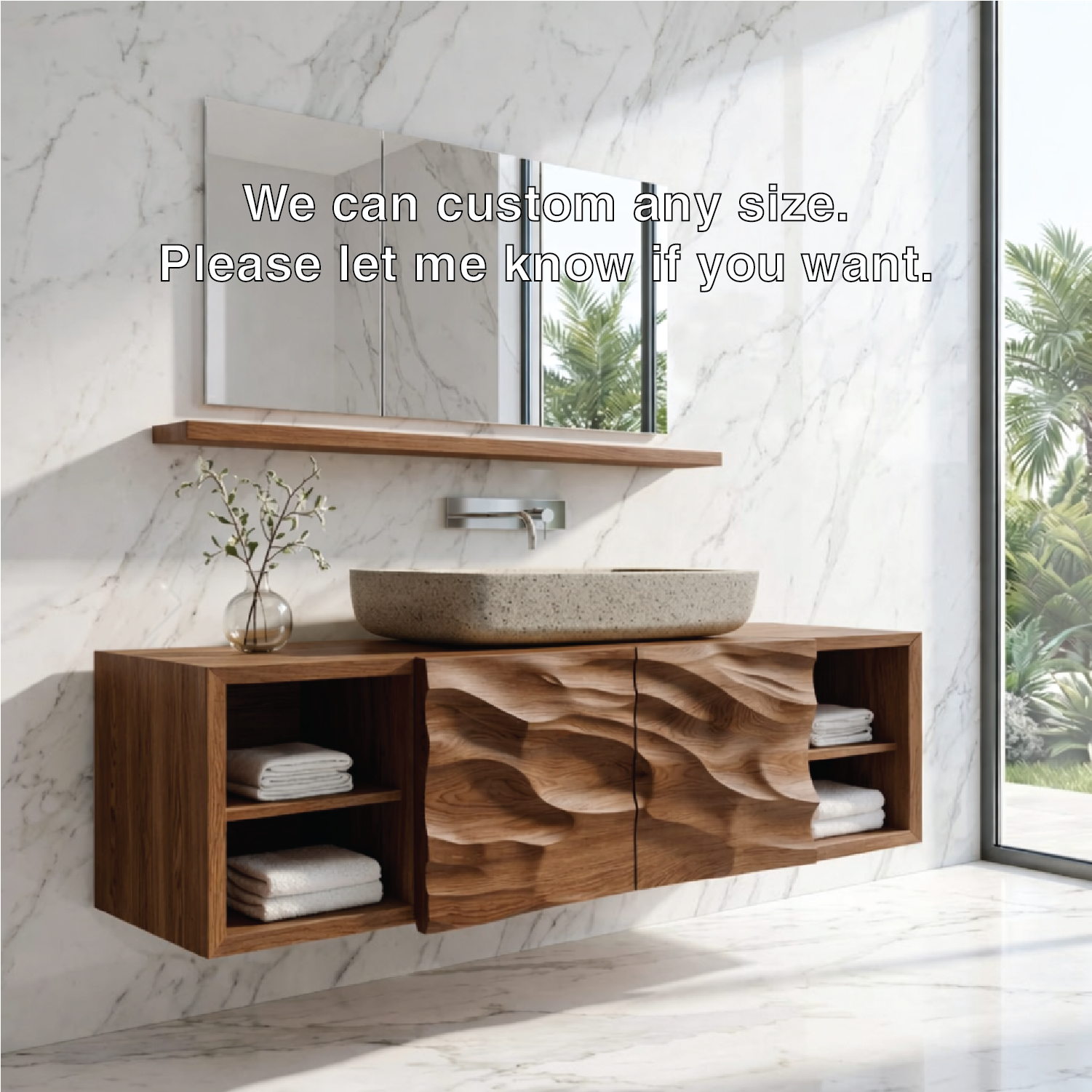 Modern Solid Wood Bathroom Vanity with Floating Storage and Sculpted Front Doors