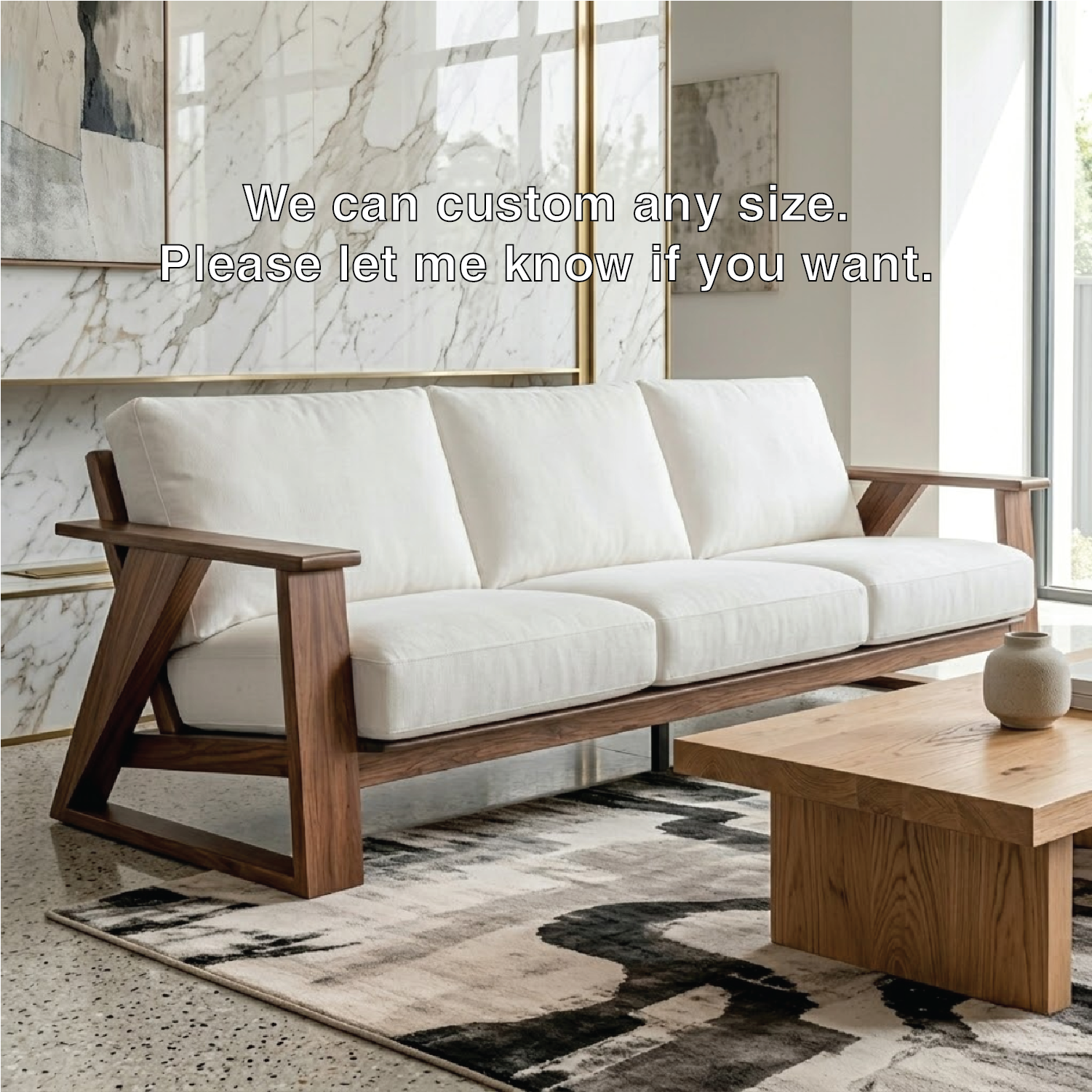 Modern Geometric Solid Wood Sofa with White Linen Cushions Mid Century Living Couch