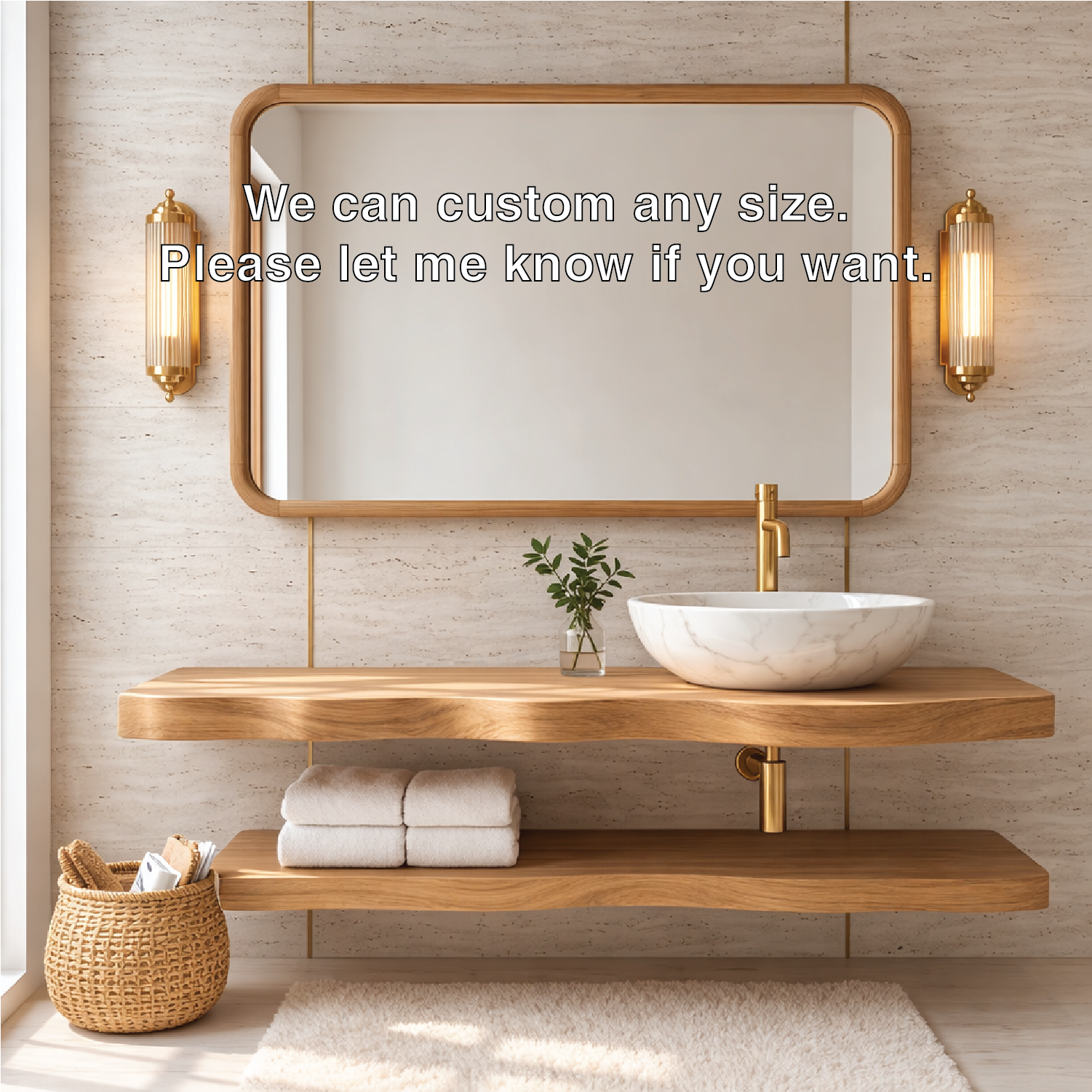 Natural Wood Floating Vanity with Curved Design, Shelf Storage, and Ceramic Sink