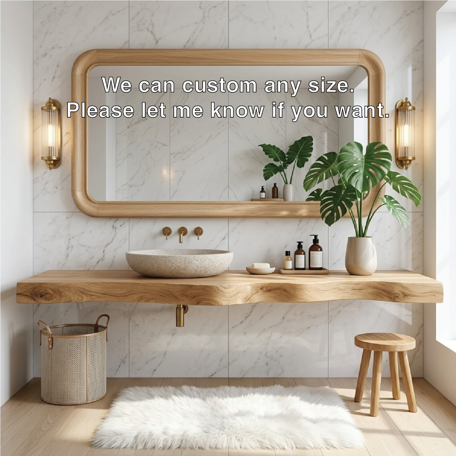 Floating Vanity with Natural Wood, Open Shelf, and Stone Basin Sink