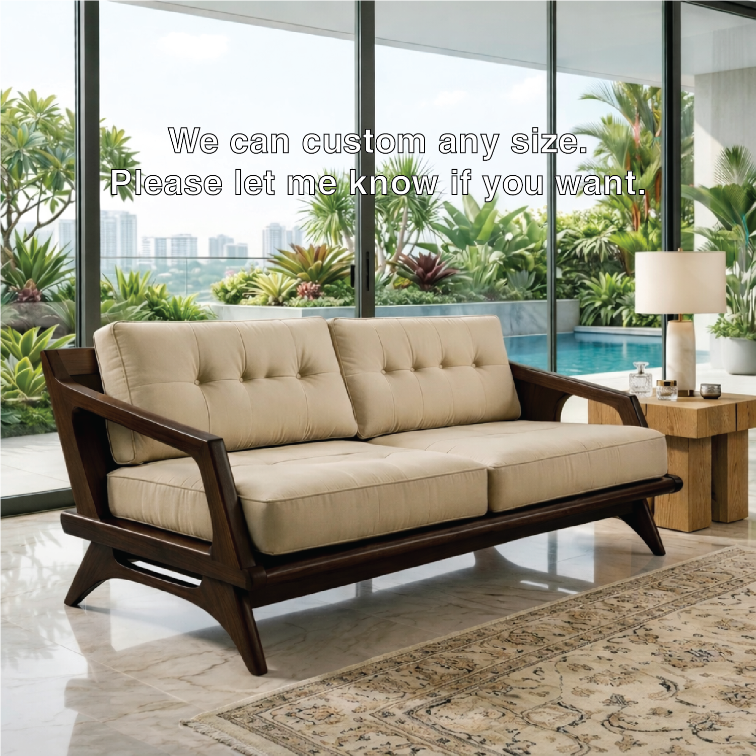 Mid Century Solid Wood Sofa with Beige Tufted Cushions Modern Loveseat Couch