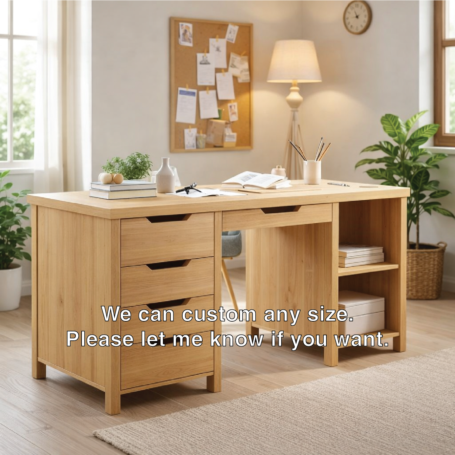 Solid Wood Handmade Work Desk with Drawers and Bookshelf Storage