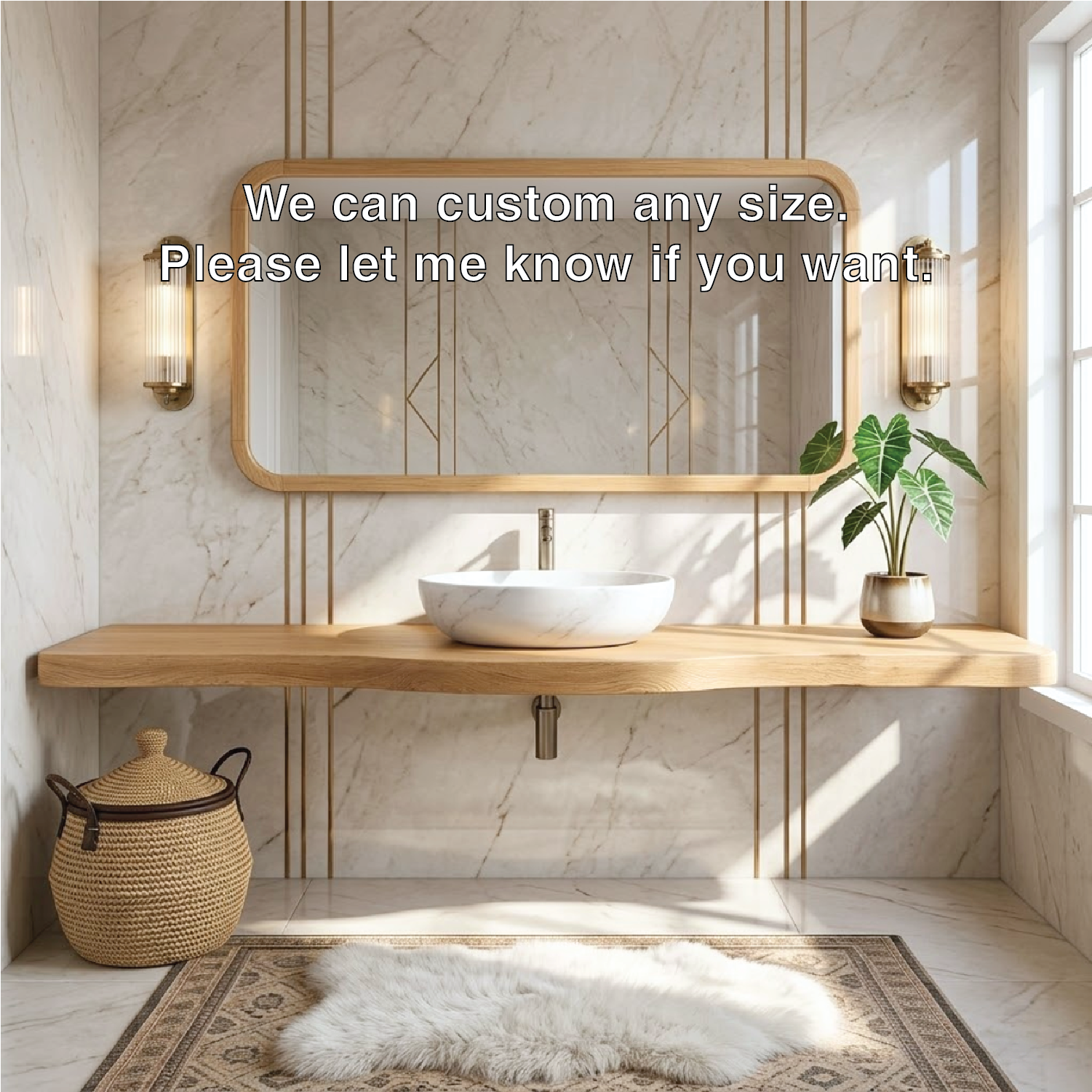 Floating Vanity with Wooden Base, White Stone Sink, and Elegant Design