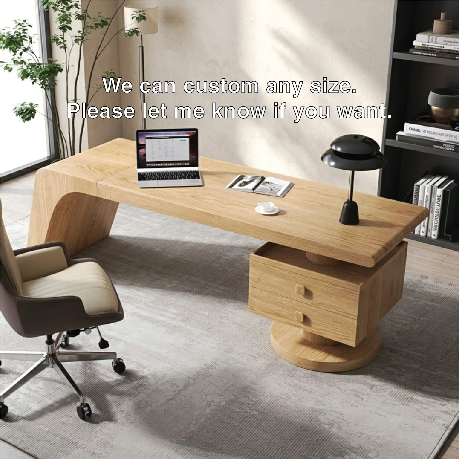 Modern Executive Desk with Curved Base and Drawers, Minimalist Office Writing Table