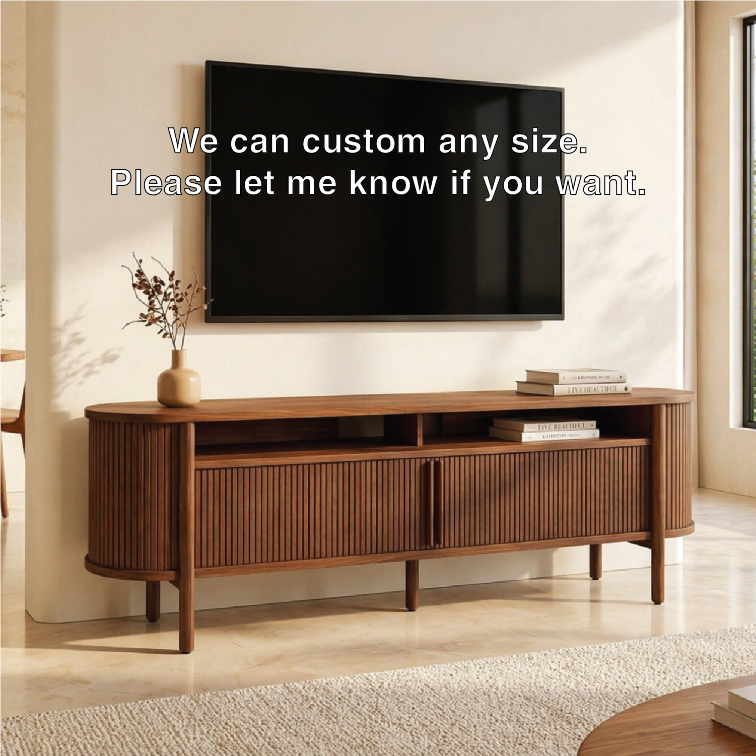 Modern Fluted TV Console, Rounded Media Cabinet for Refined Living-Room Interiors