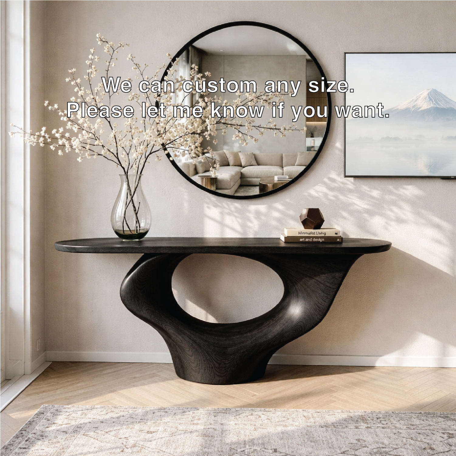 Solid Wood Console Table with Sculptural Base, Modern Minimalist Design