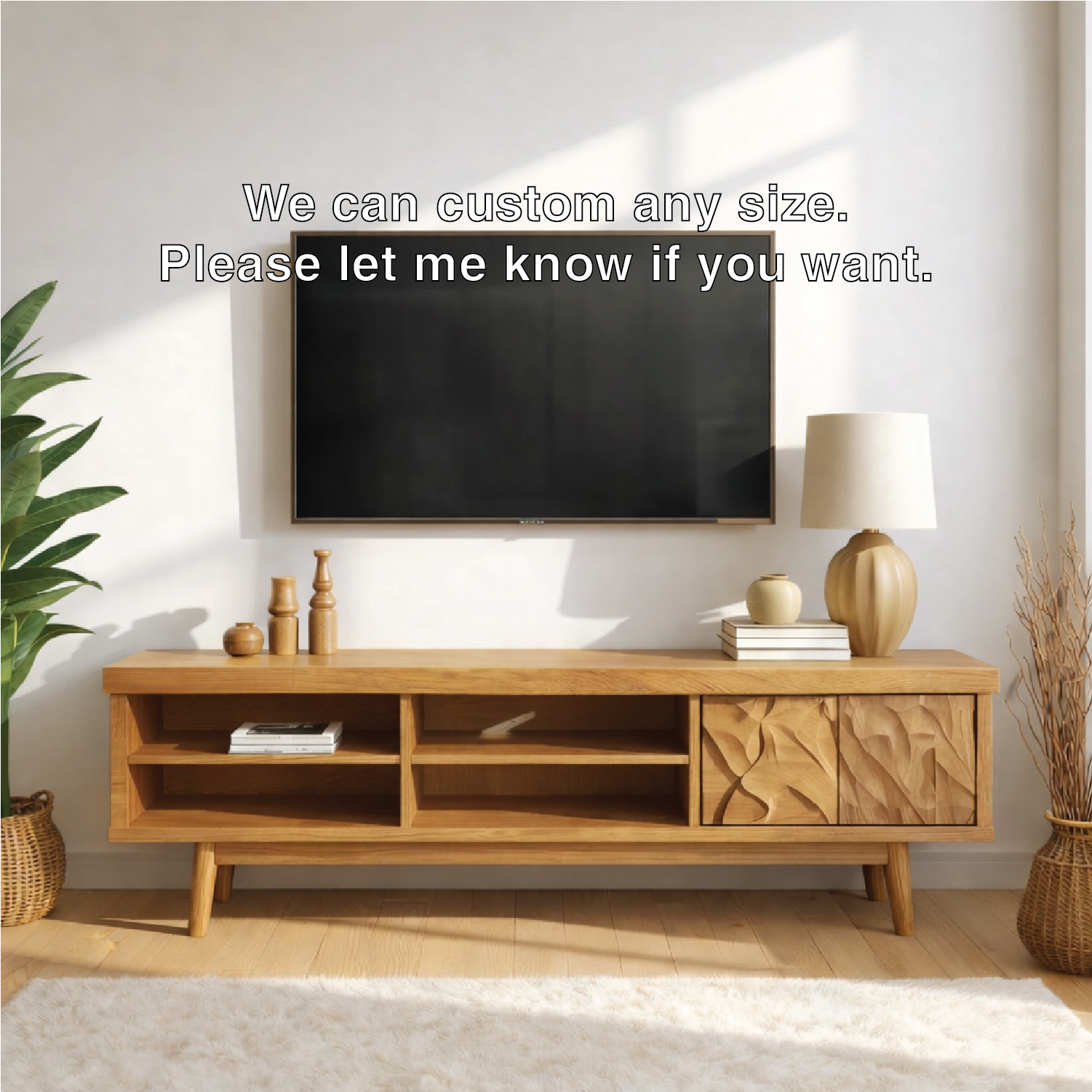 Mid Century Solid Wood TV Stand Carved Media Console Modern Entertainment Center Cabinet