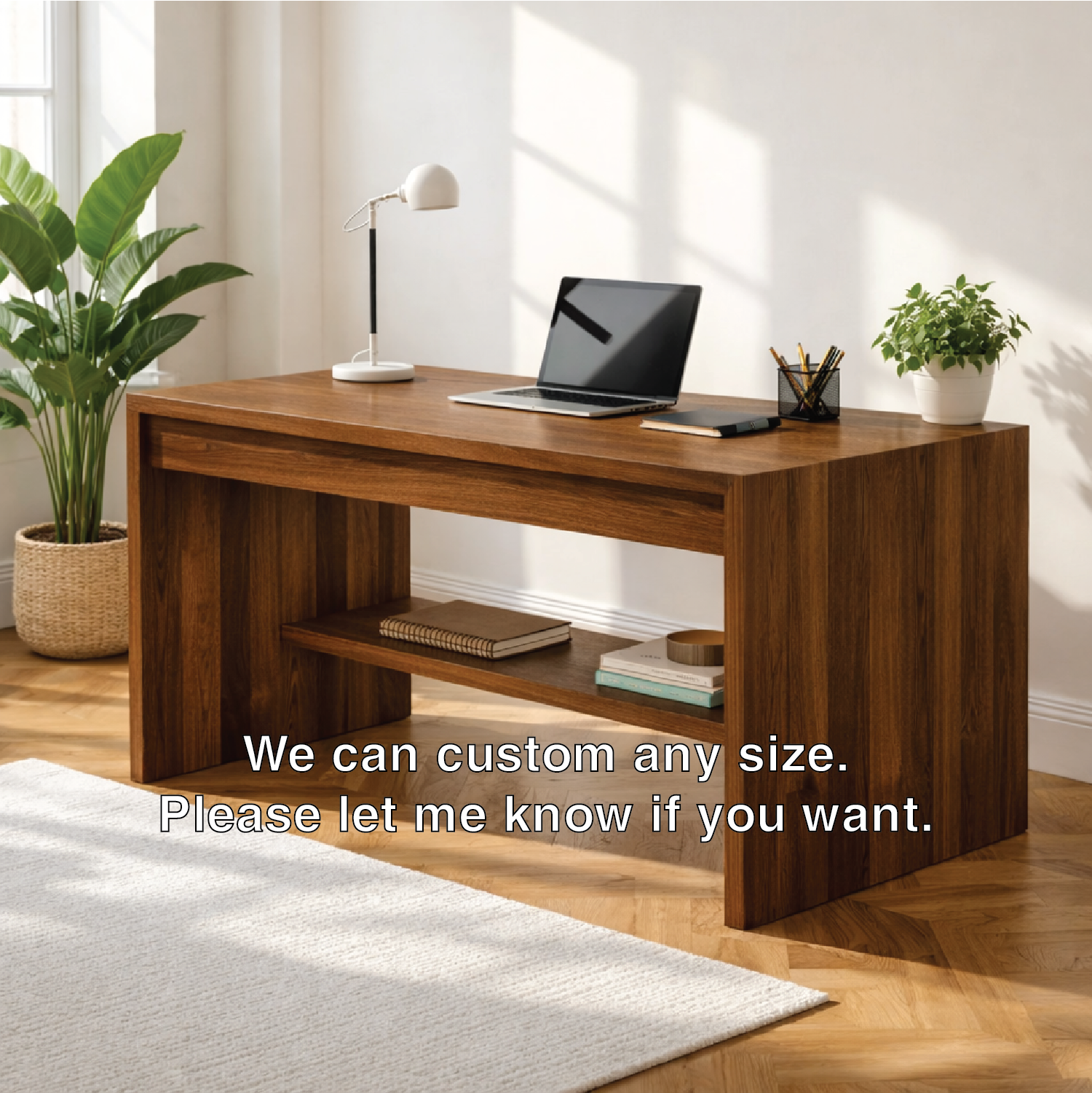Solid Oak Work Desk with Open Shelf, Handmade Modern Wooden Writing Table