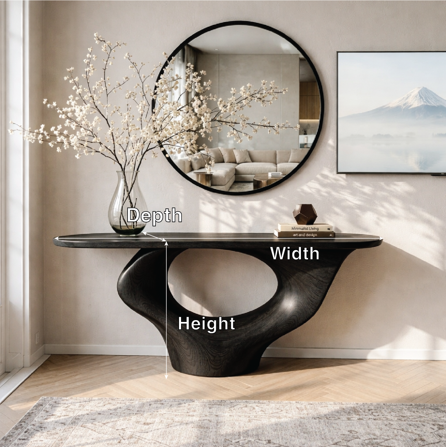 Solid Wood Console Table with Sculptural Base, Modern Minimalist Design