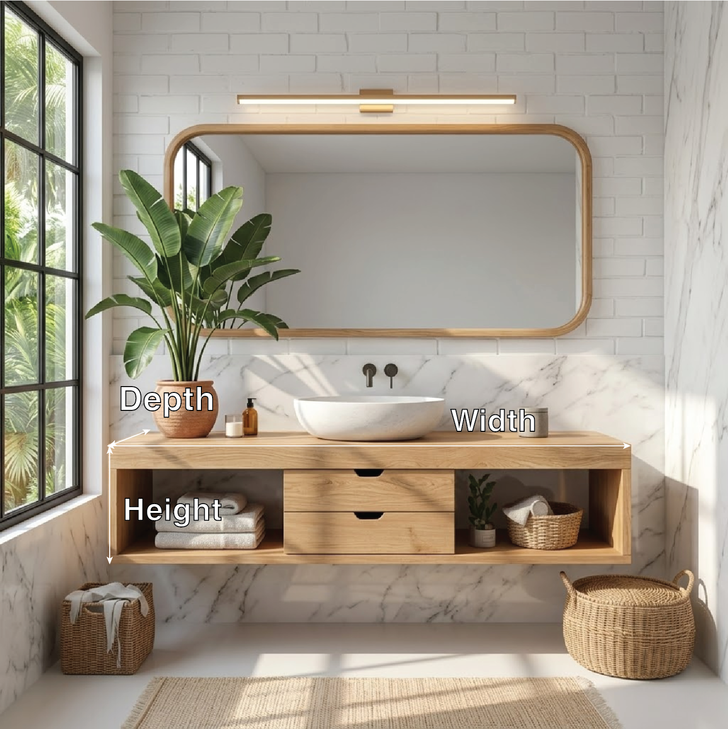 Sleek Oak Floating Vanity with Marble Sink and Ample Storage for Modern Bathrooms