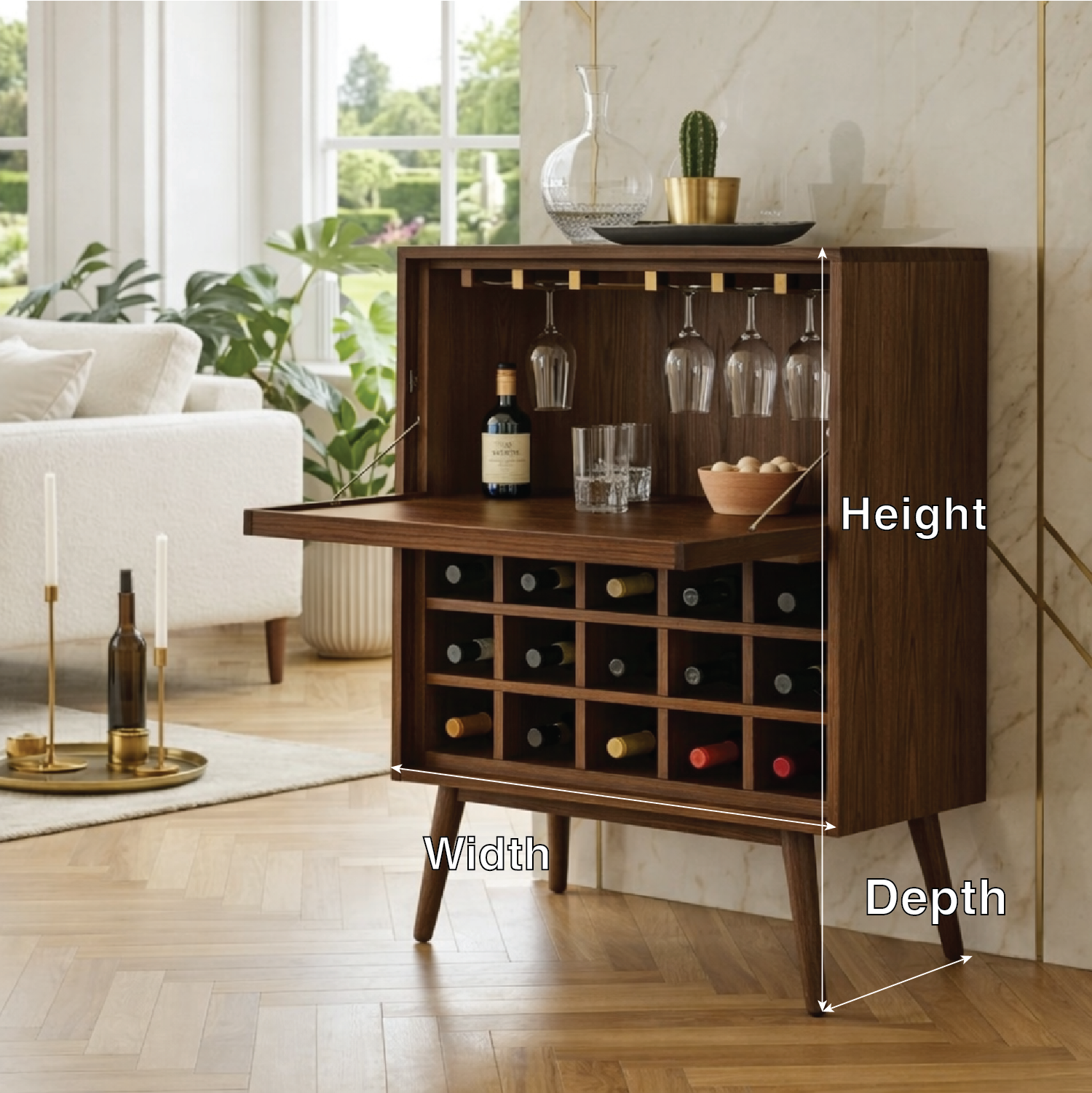 Modern Wine Cabinet with Fold Down Bar Shelf and Bottle Storage Rack