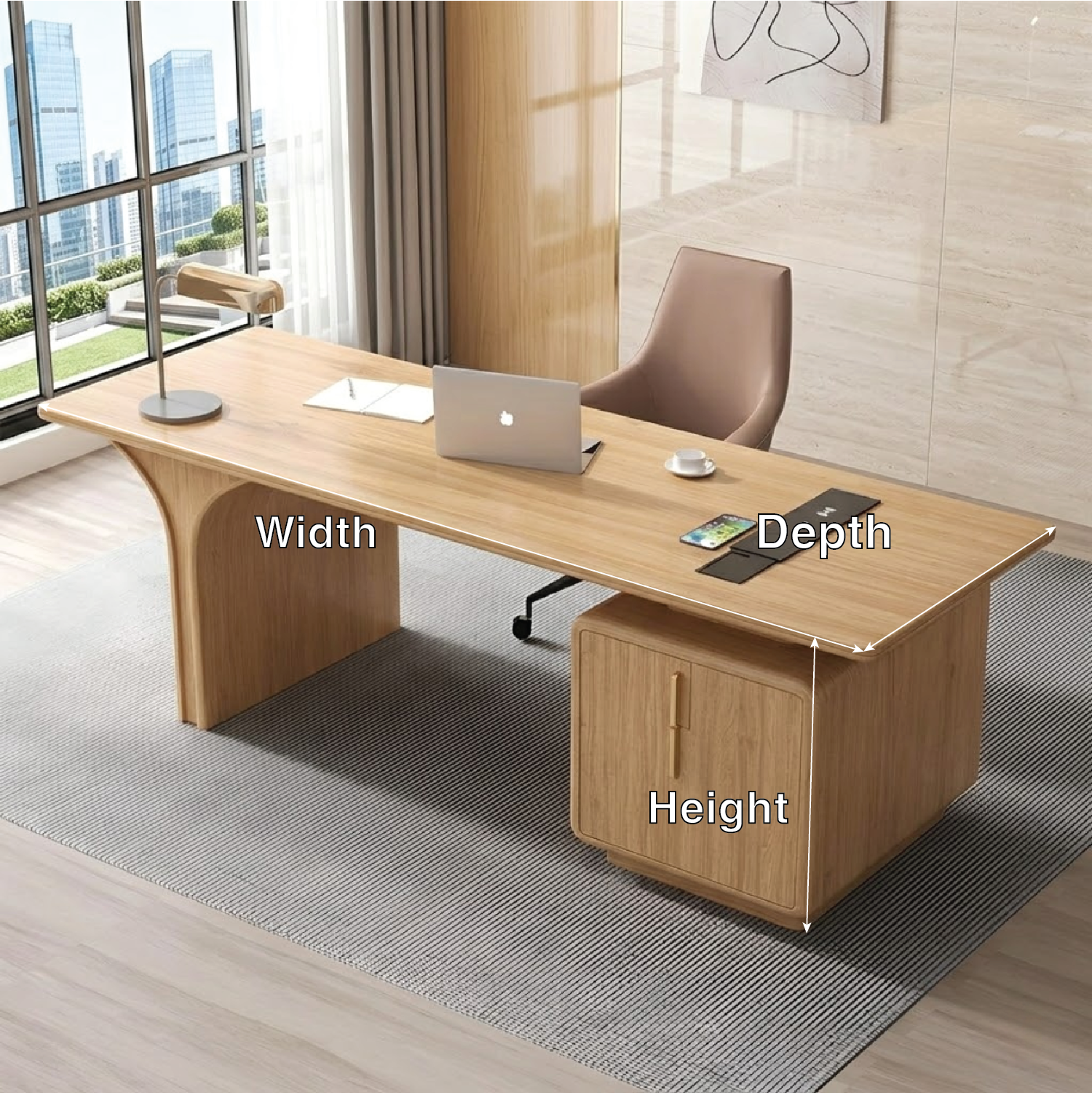 Modern Executive Desk with Curved Base and Cabinet, Minimalist Office Writing Table